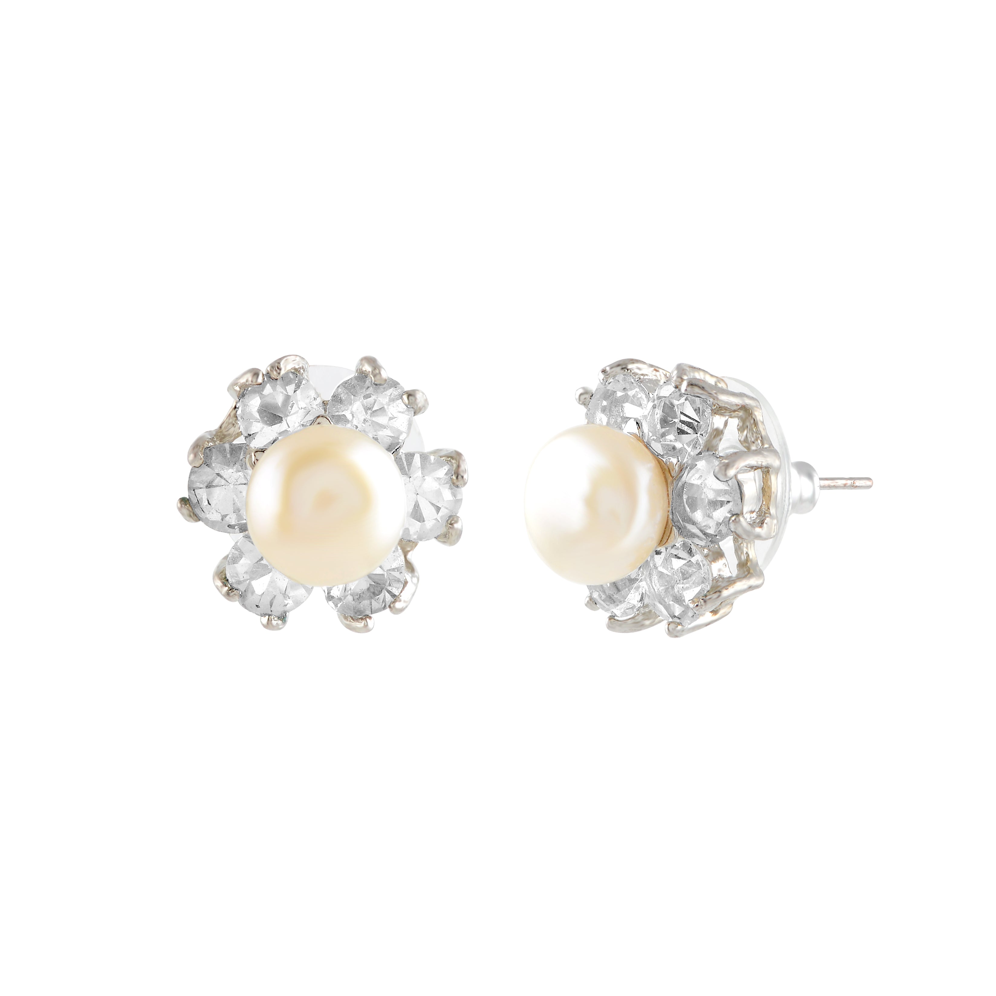 Fresh Water Button Pearl & CZ Stones Earrings - Krishna Jewellers Pearls and Gems