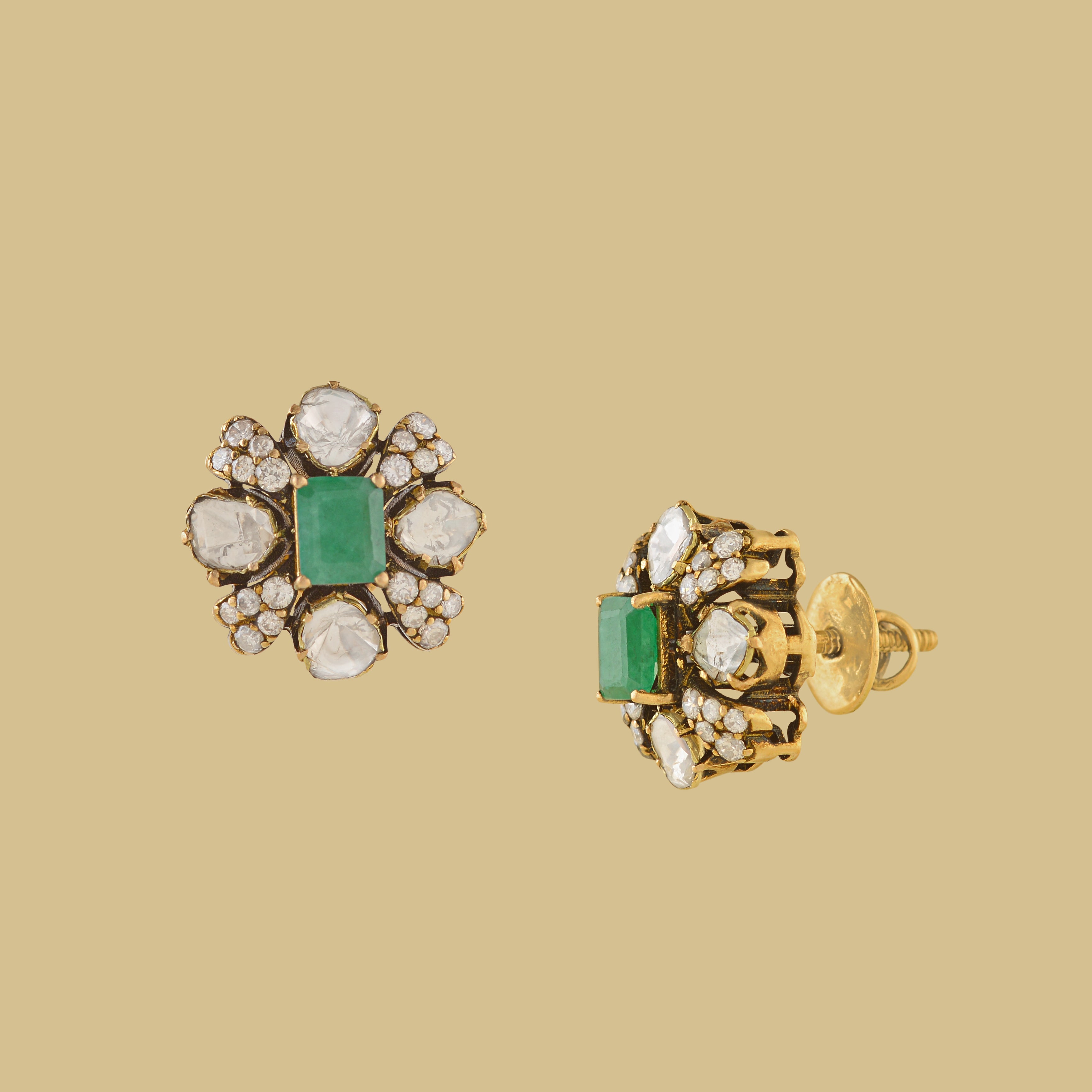 Polki and Emerald Stud Earrings in Antique finish
