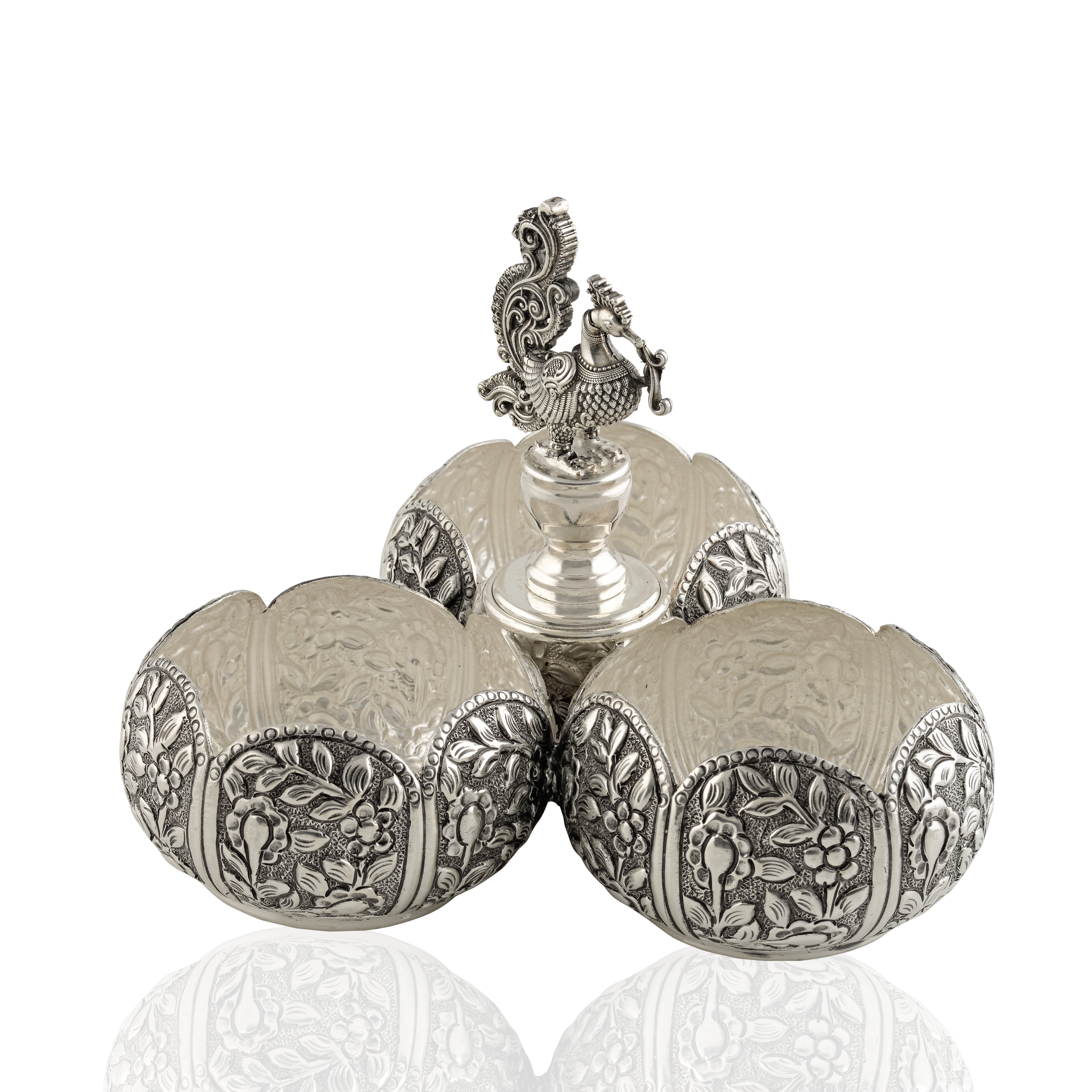 Silver Haldi-Kumkum Bowl in Floral Design