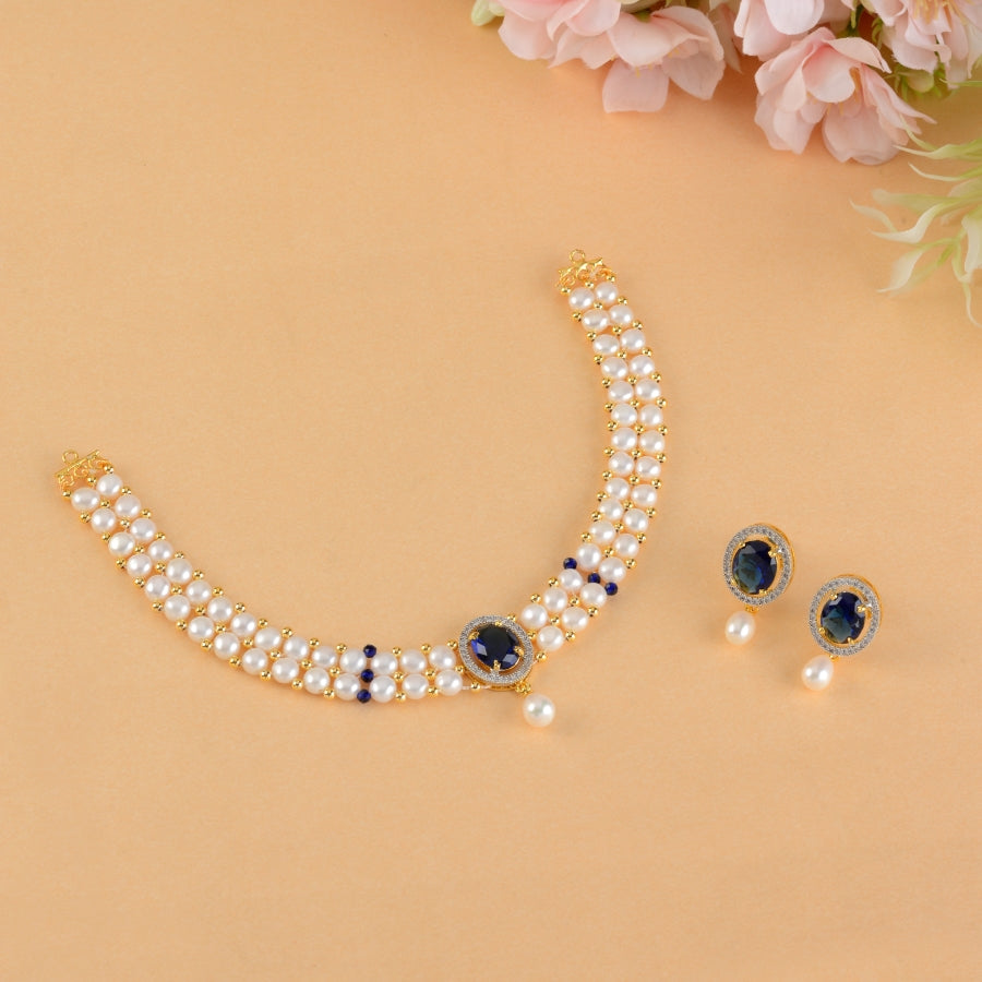 Sapphire Serenity Button Pearl Necklace and Earrings Set - Krishna Jewellers Pearls and Gems