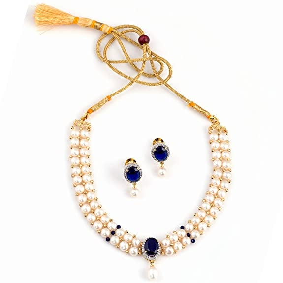 Sapphire Serenity Button Pearl Necklace and Earrings Set - Krishna Jewellers Pearls and Gems