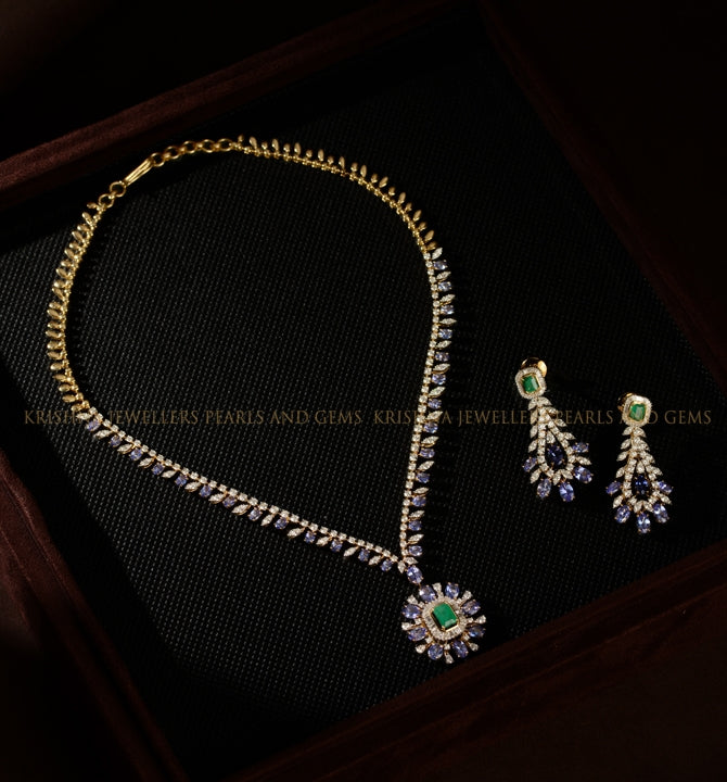 Diamond Necklace Set with Baguettes, Tanzanite, and Emeralds
