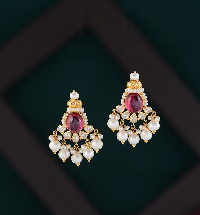 Ruby Drop Gold Pearl Studs