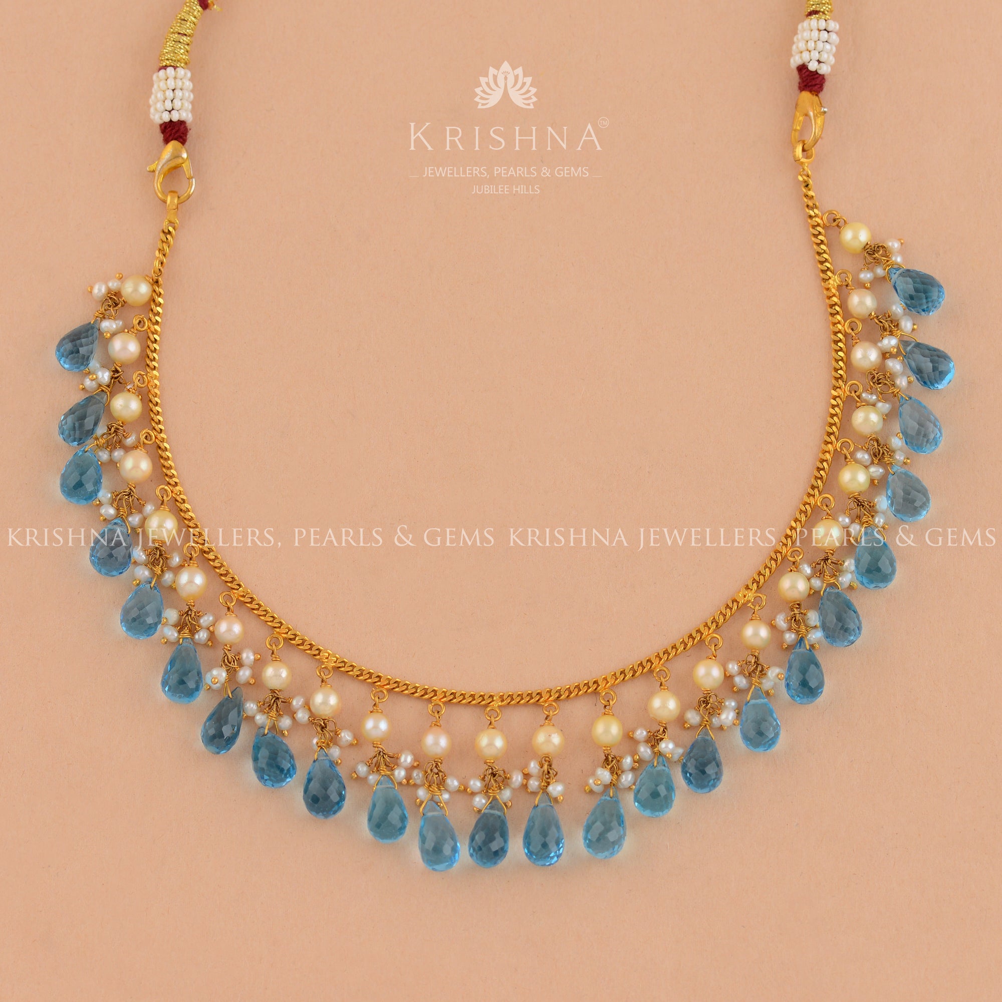 Gold Pearl Necklace With Premium Blue Stones