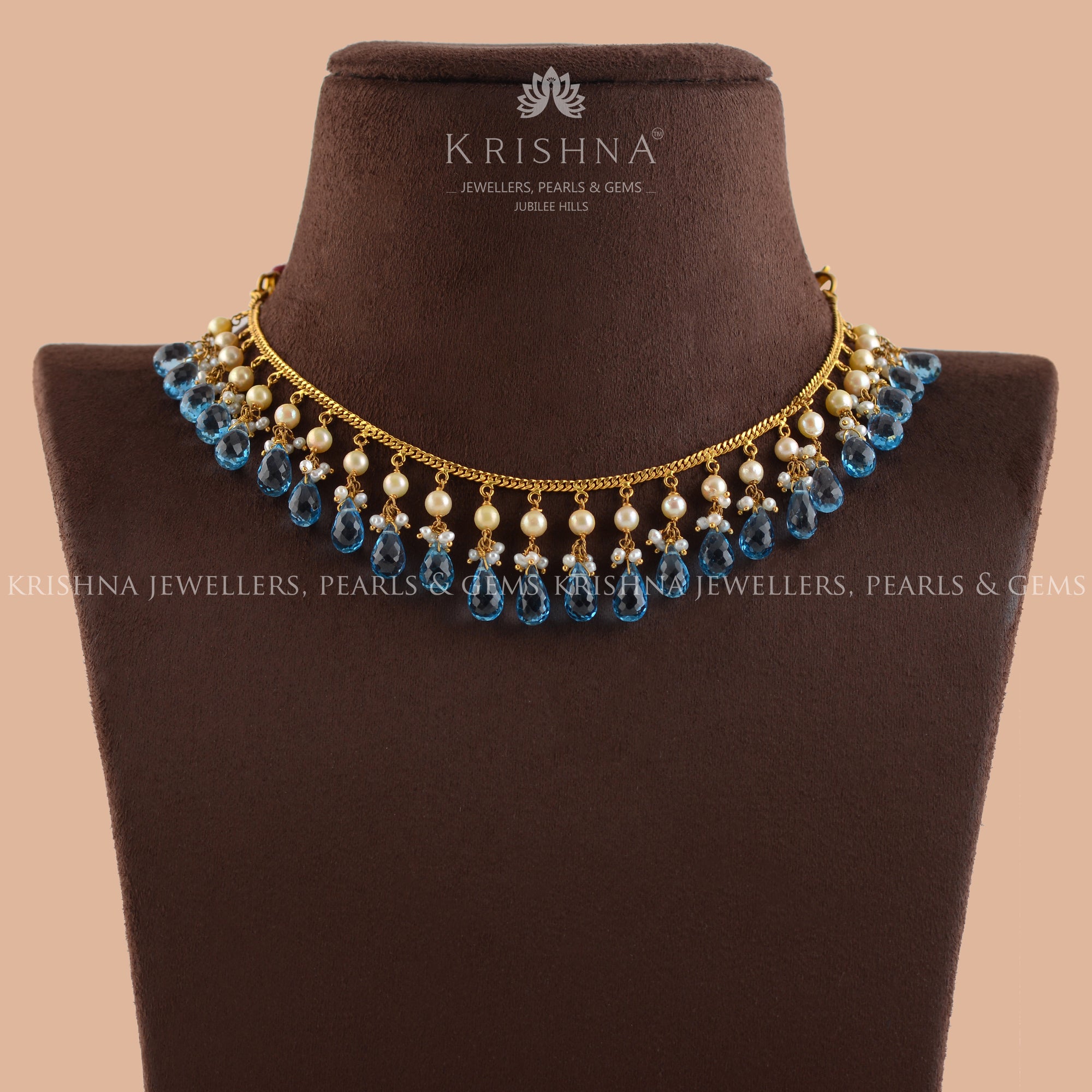 Gold Pearl Necklace With Premium Blue Stones