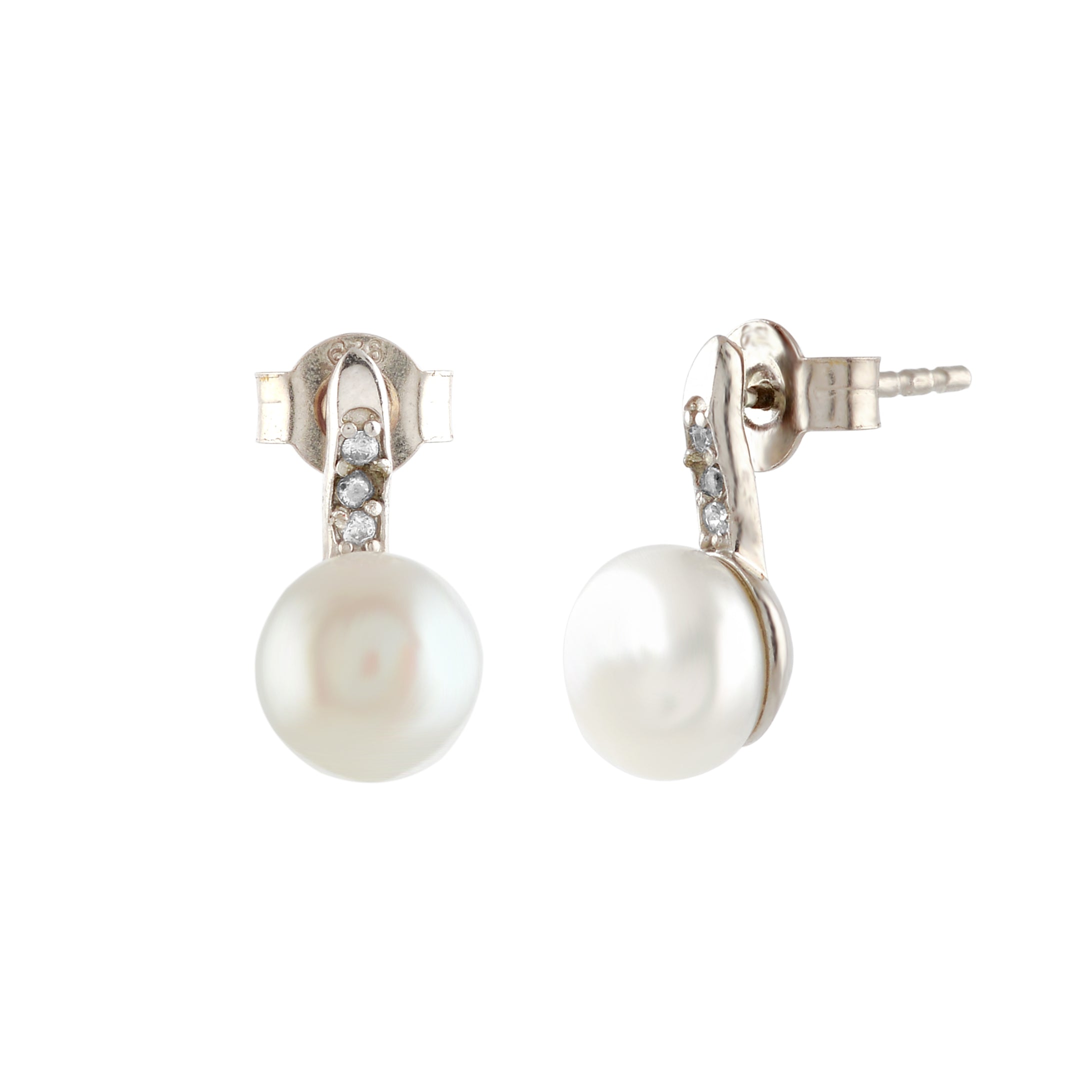 Fresh Water Button Pearl & CZ Stones Silver Earrings