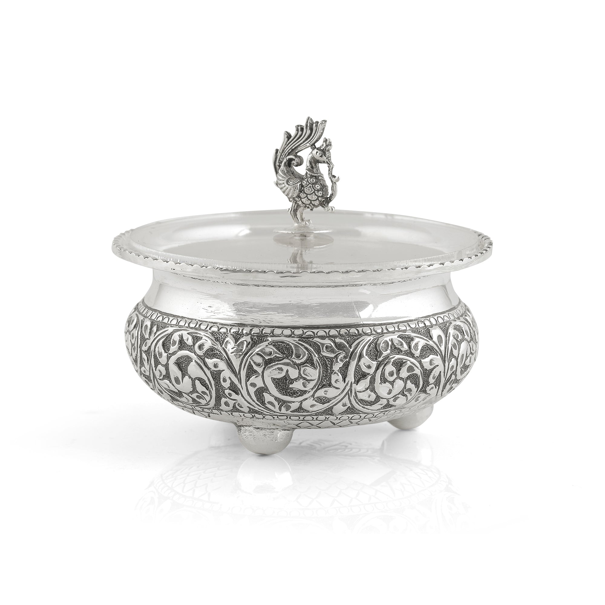 Antique Silver Bowl Silver Peacock Lid