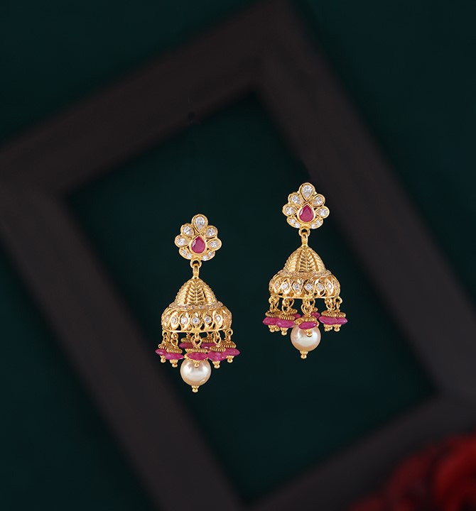 Ruby & Pearls Gold Jhumka Earrings