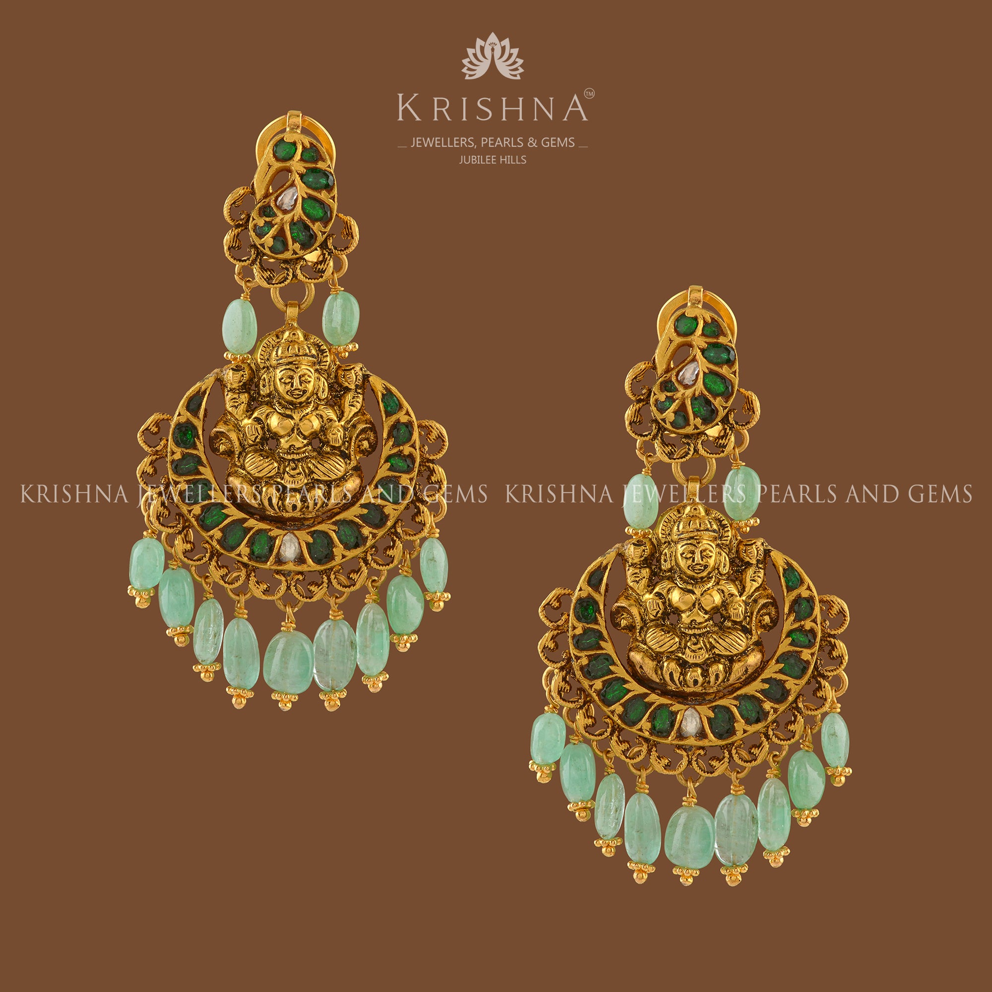 Laxmi Chandbali Gold Emerald Earrings