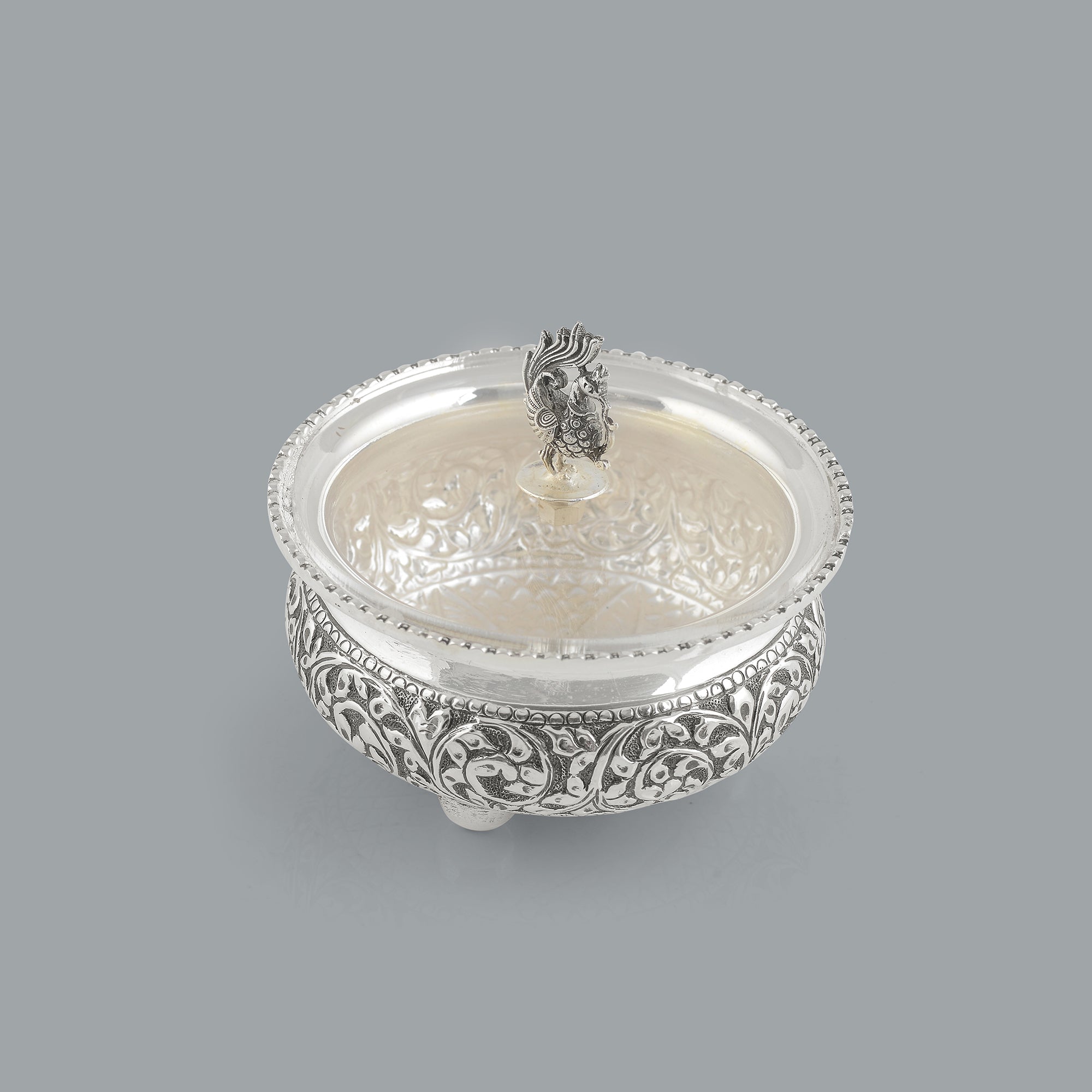 Antique Silver Bowl Silver Peacock Lid