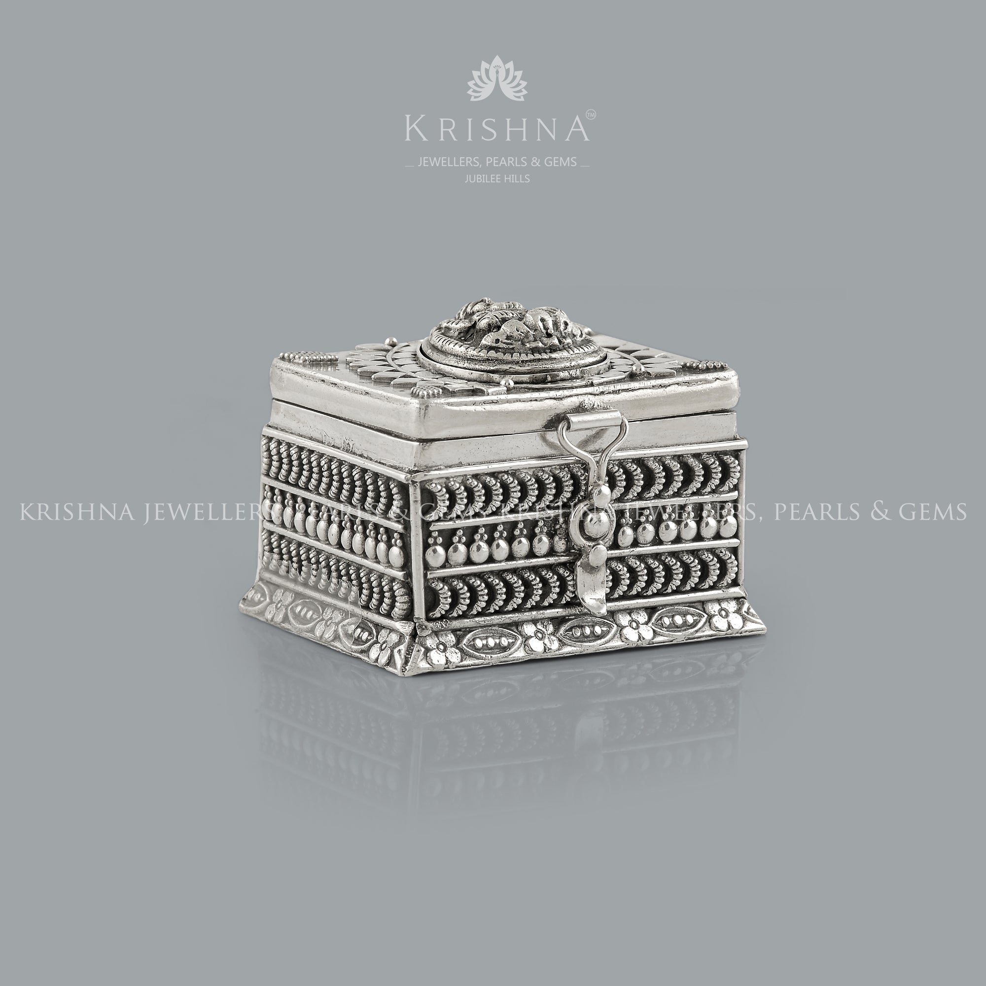 Exquisite 92.5 Silver Kum Kum Box Featuring Laxmi Devi Design - Krishna Jewellers Pearls and Gems