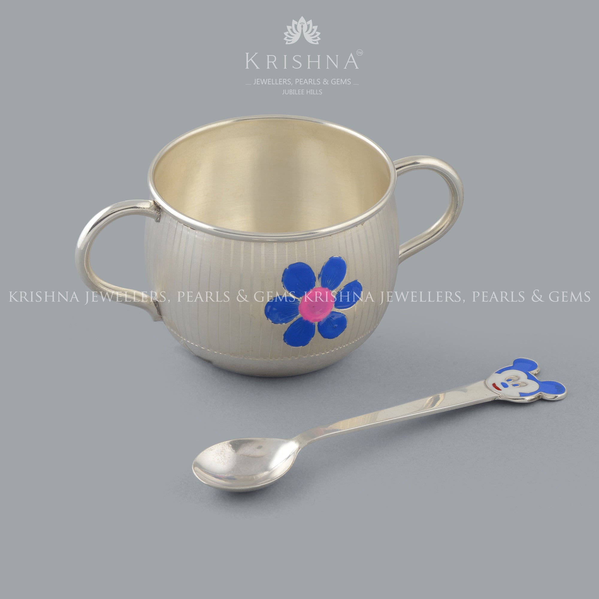 Silver Cup and Spoon for Baby in Cartoon Motif