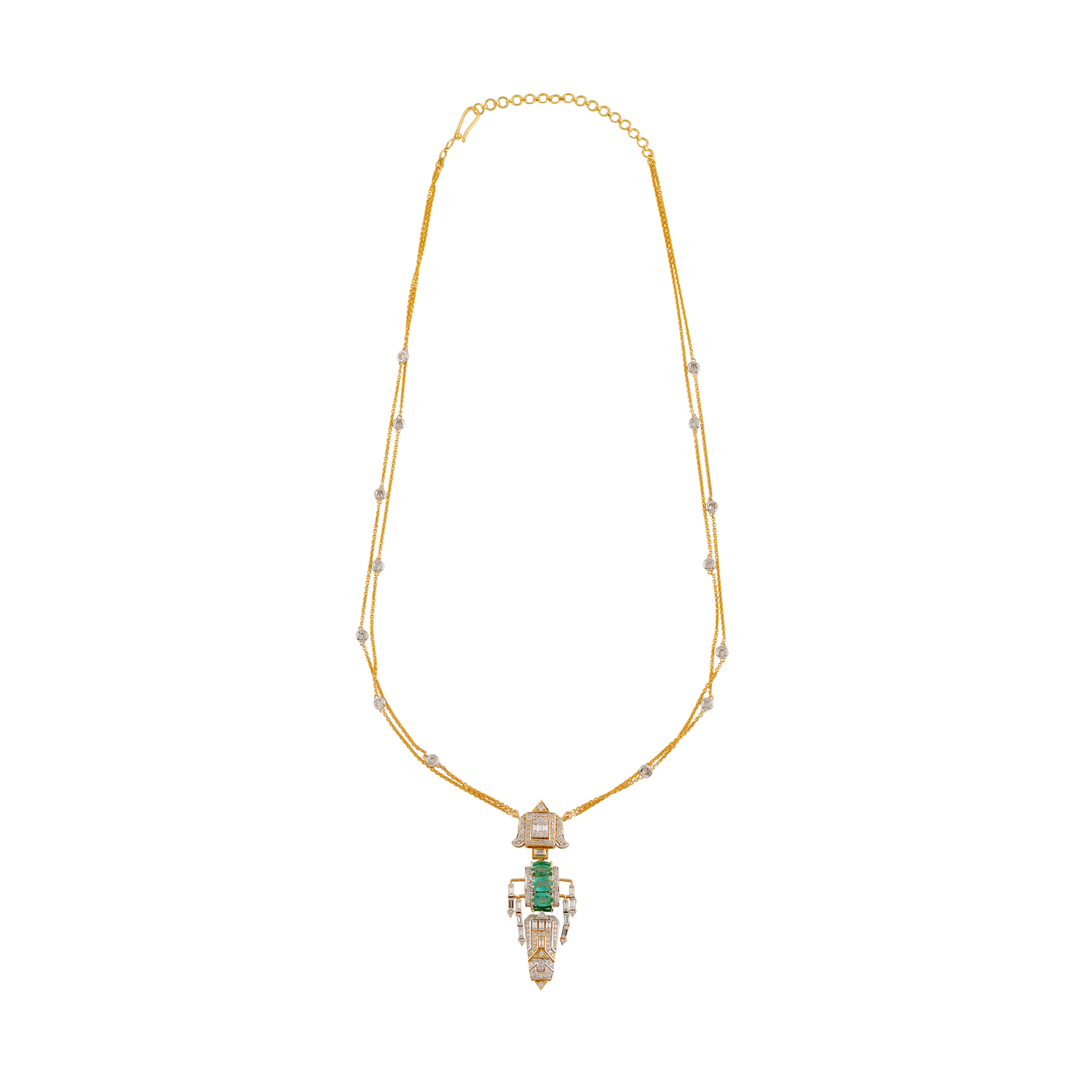 Geometric Diamond and Emerald Pendant with Gold Chain