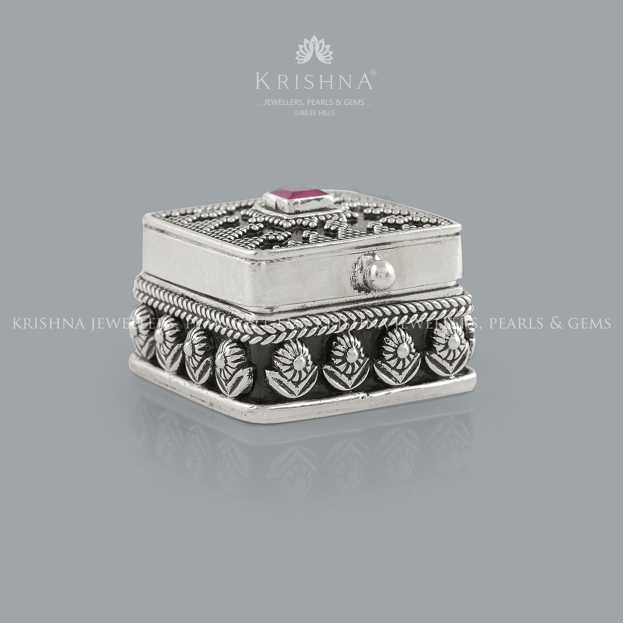 Antique Style Silver Kum Kum Box with Colorful Stones - Krishna Jewellers Pearls and Gems