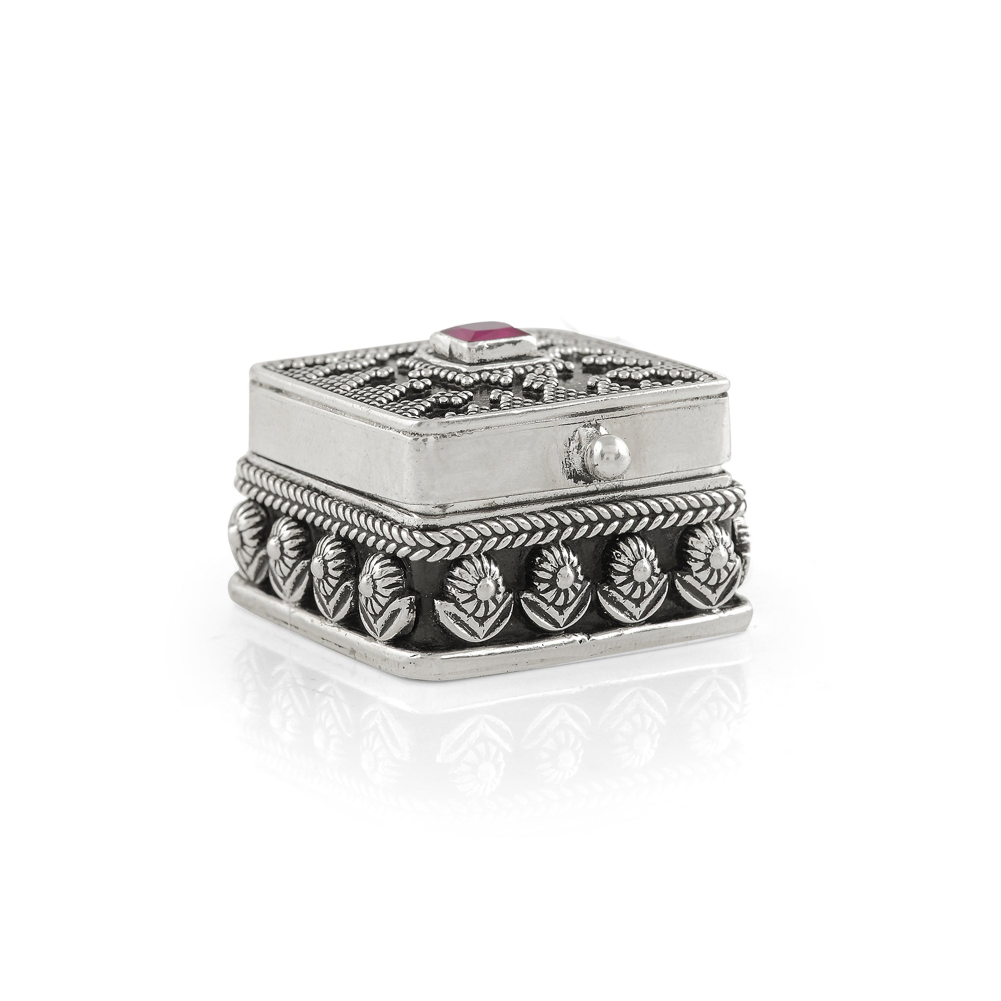 Antique Style Silver Kum Kum Box with Colorful Stones - Krishna Jewellers Pearls and Gems