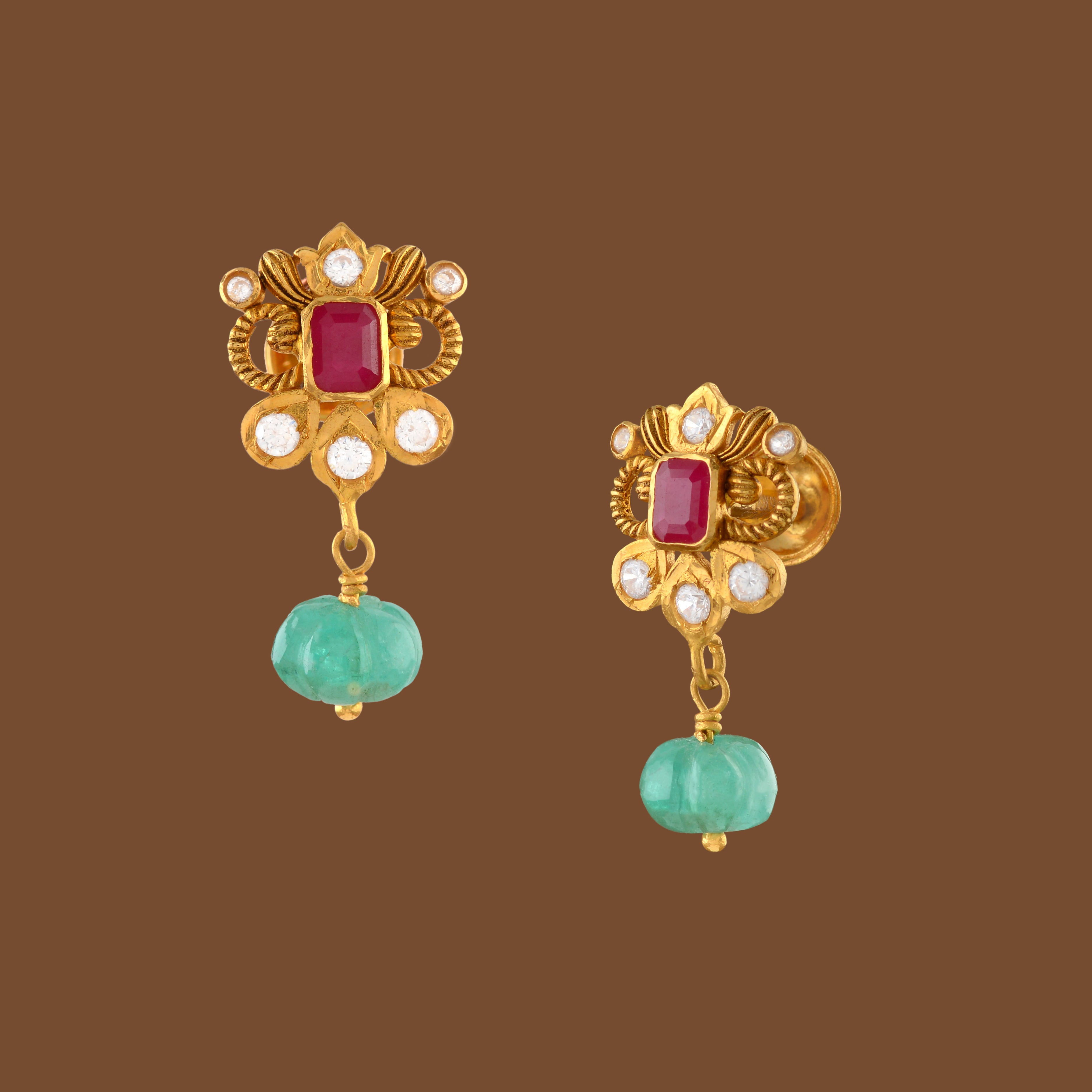 22K Gold Earrings With Karbuja Emerald Beads