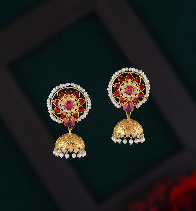 Gold Floral Pearl Jhumka Earrings