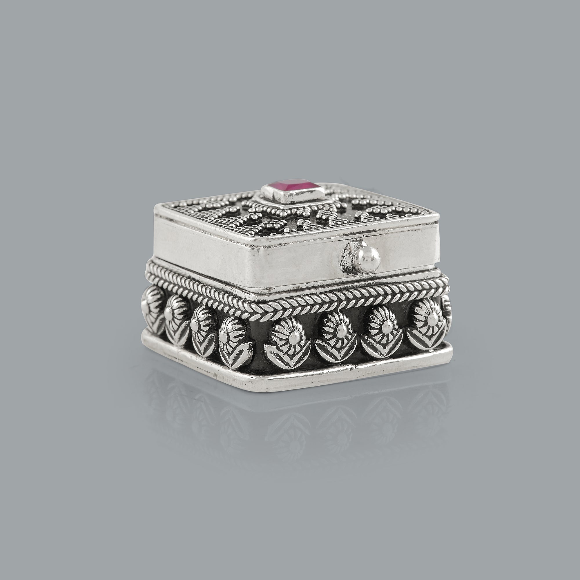 Antique Style Silver Kum Kum Box with Colorful Stones - Krishna Jewellers Pearls and Gems