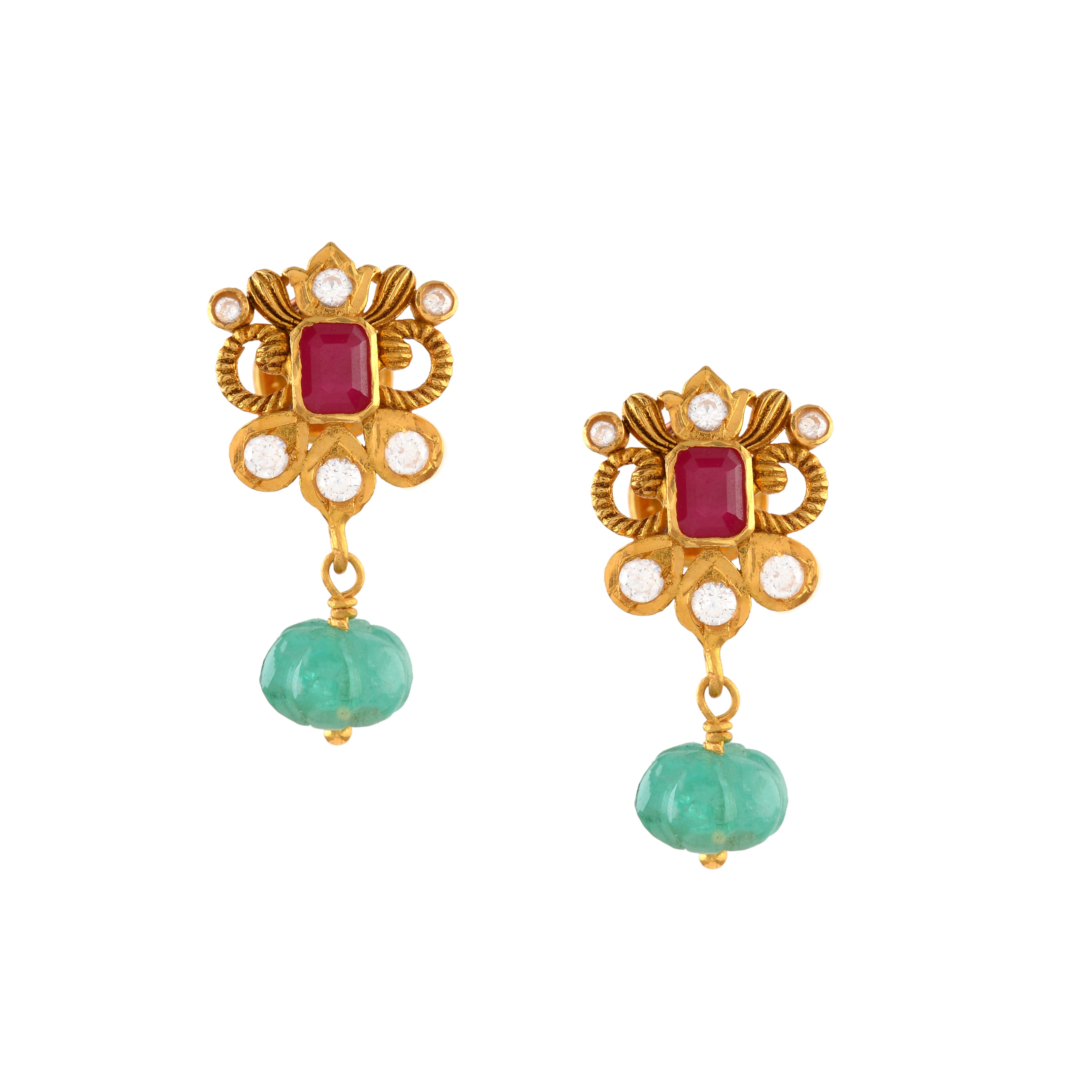 22K Gold Earrings With Karbuja Emerald Beads