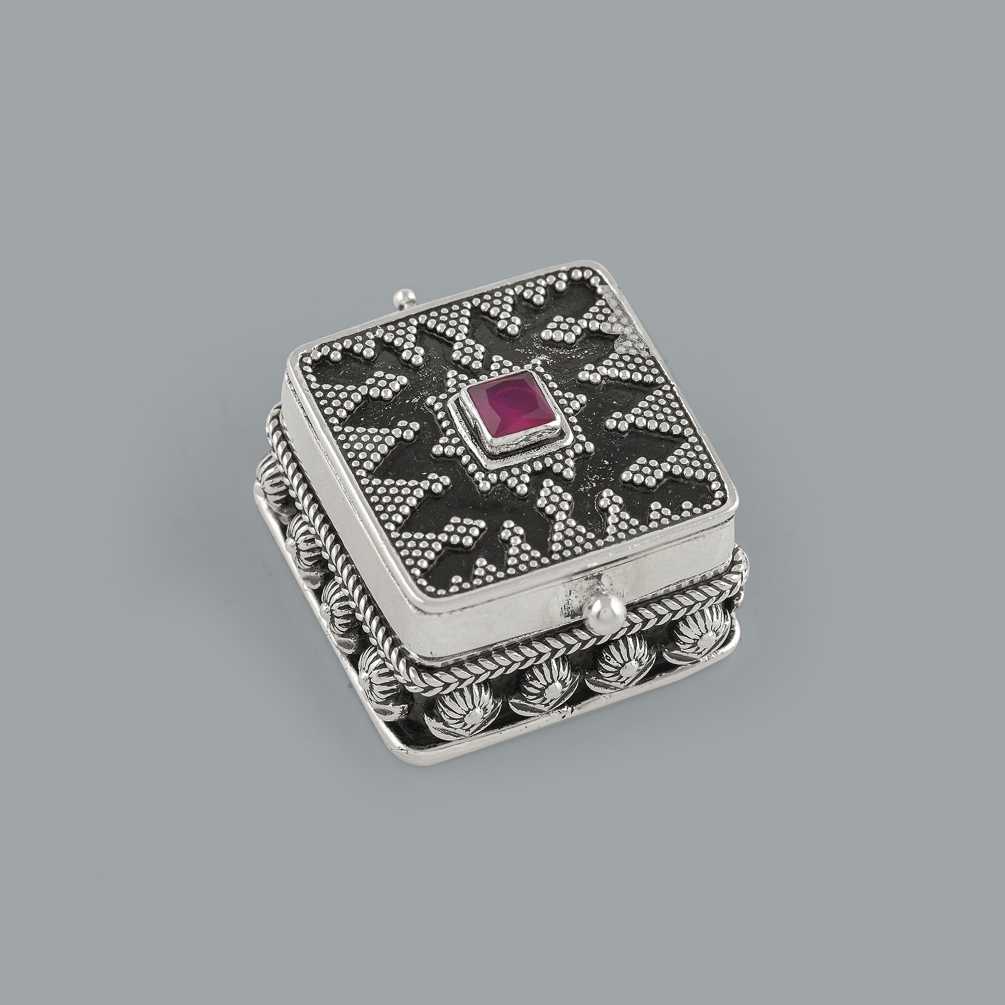 Antique Style Silver Kum Kum Box with Colorful Stones - Krishna Jewellers Pearls and Gems