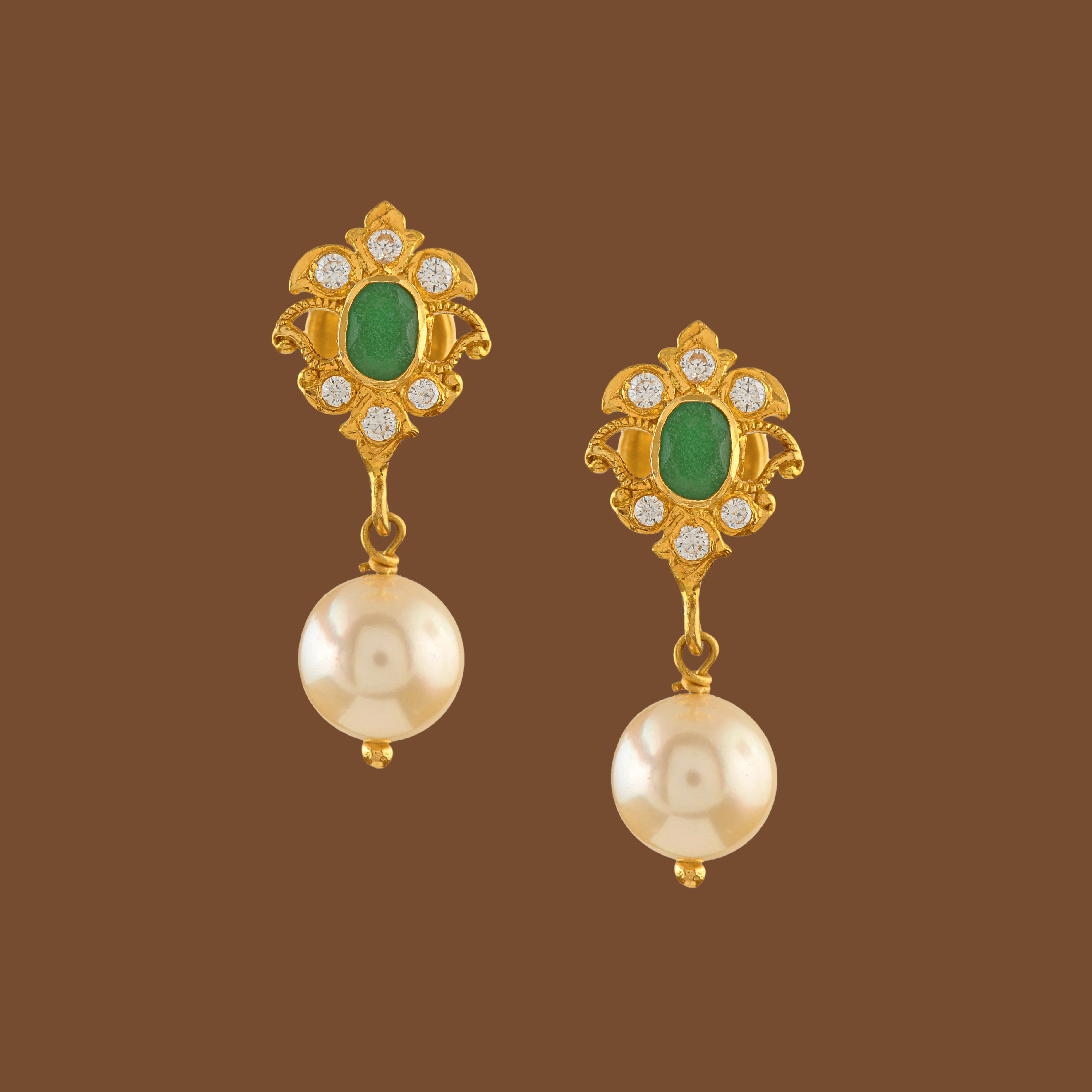 22K Gold Earrings With Pearl Hanging