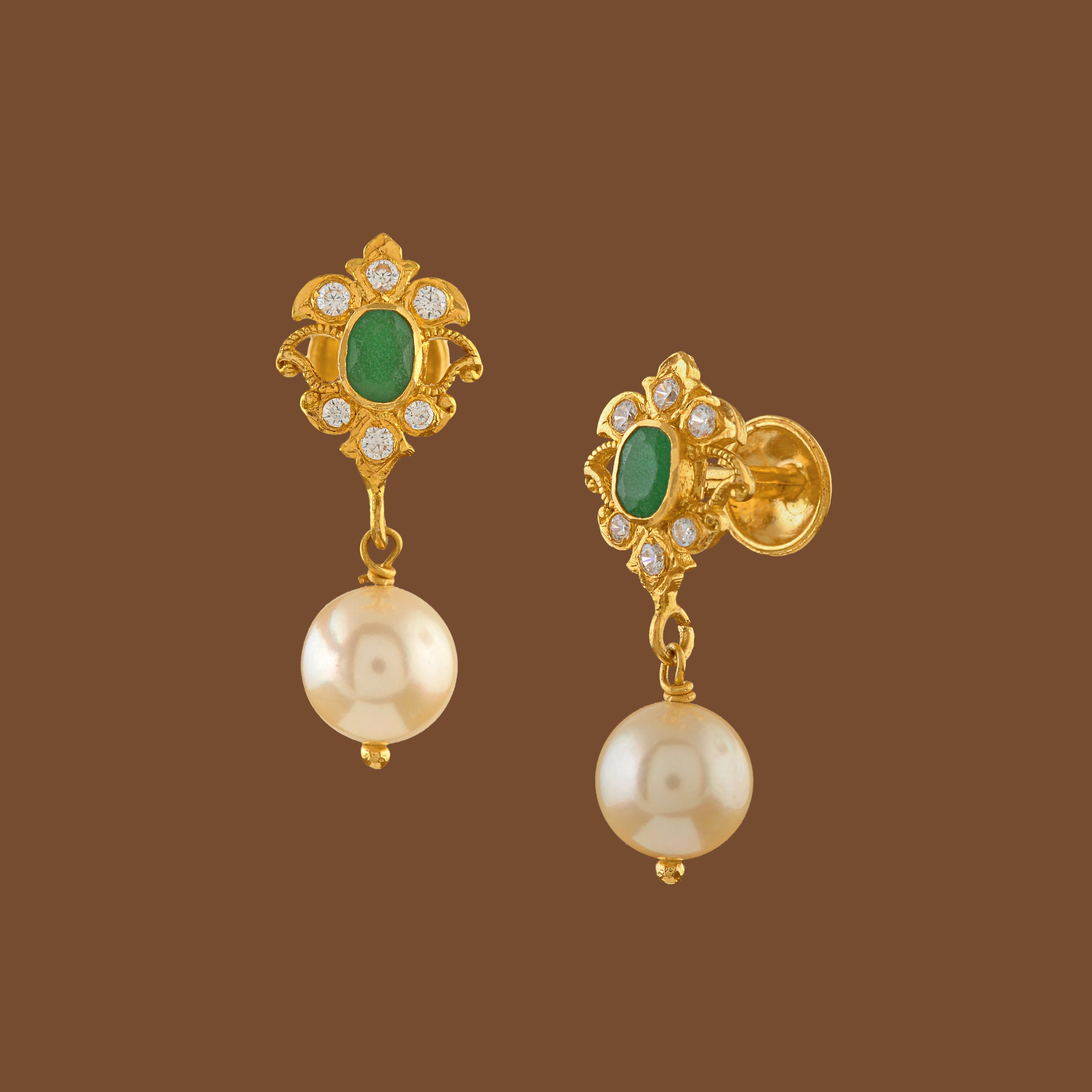 22K Gold Earrings With Pearl Hanging