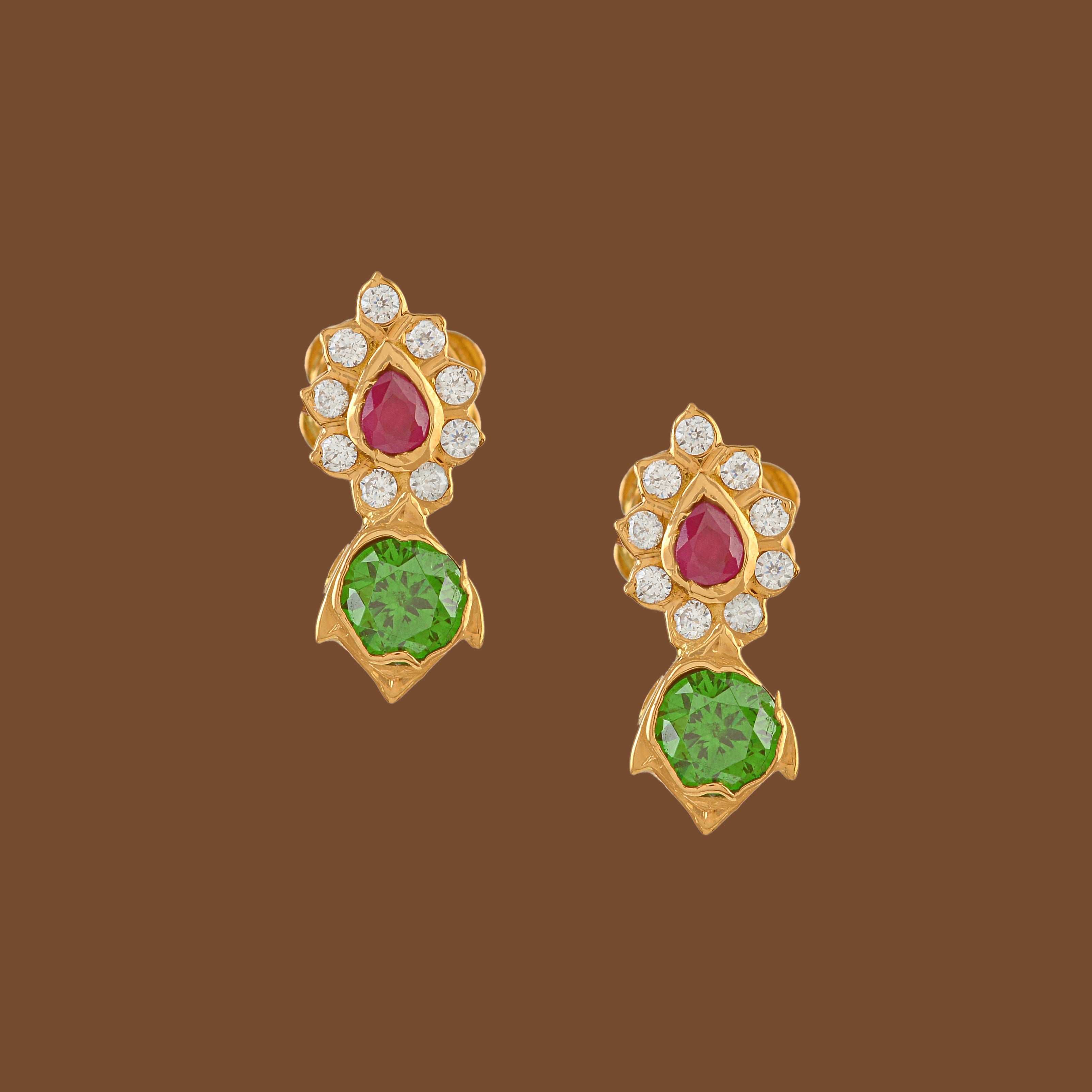 Floral 22K Gold Earrings with green centre - ER-475