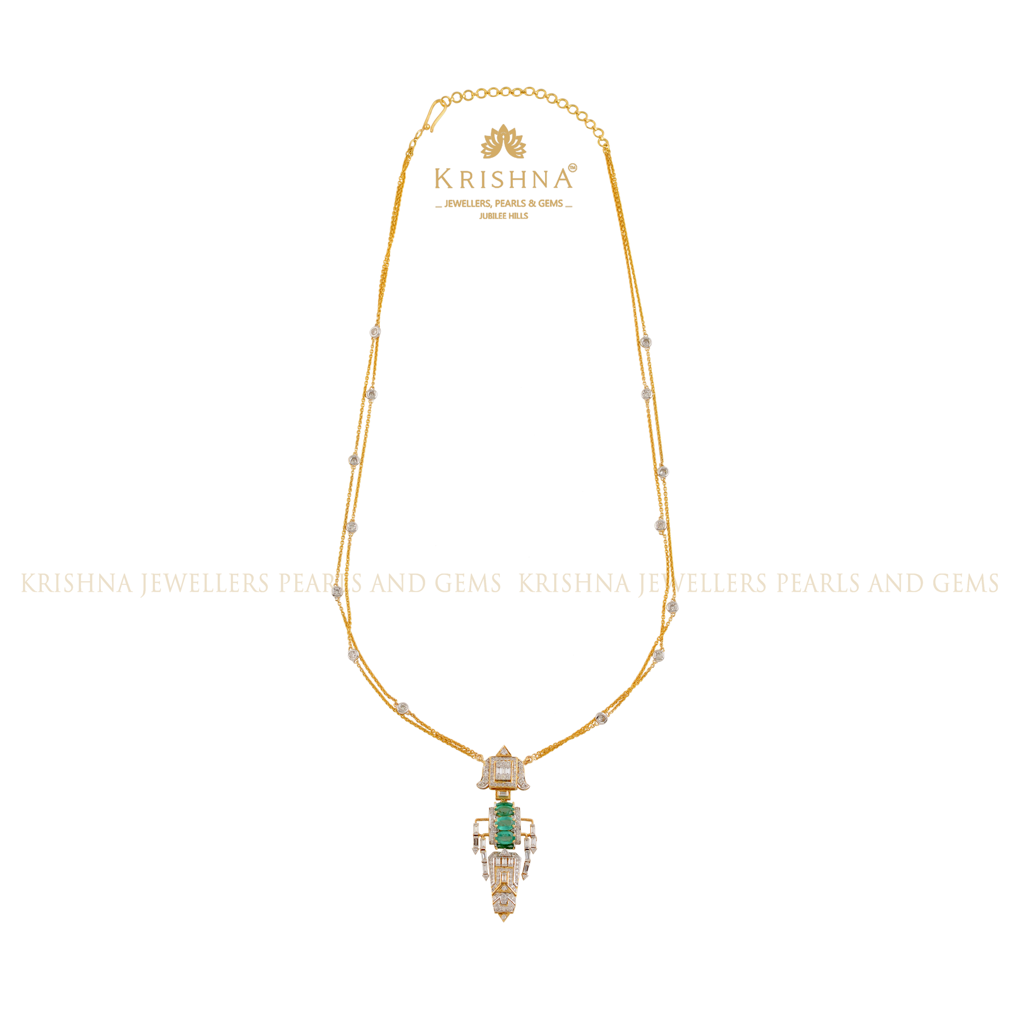 Geometric Diamond and Emerald Pendant with Gold Chain