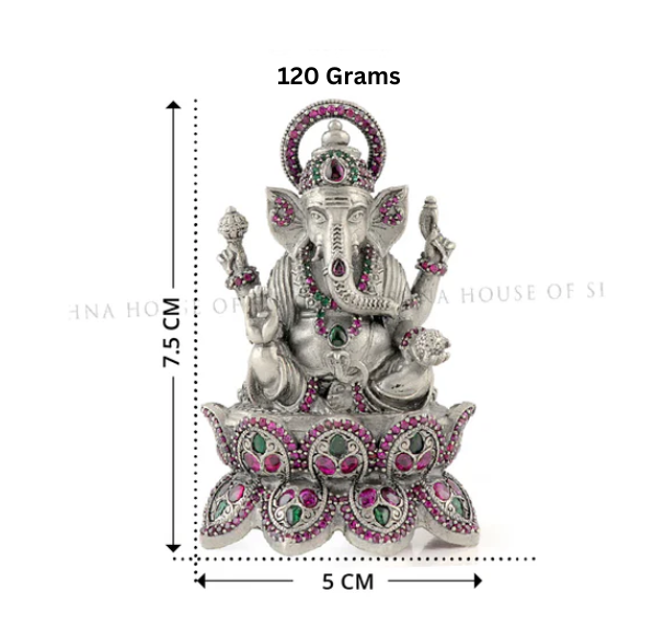 Antique Finish Silver Lotus Ganesh with Stone Details