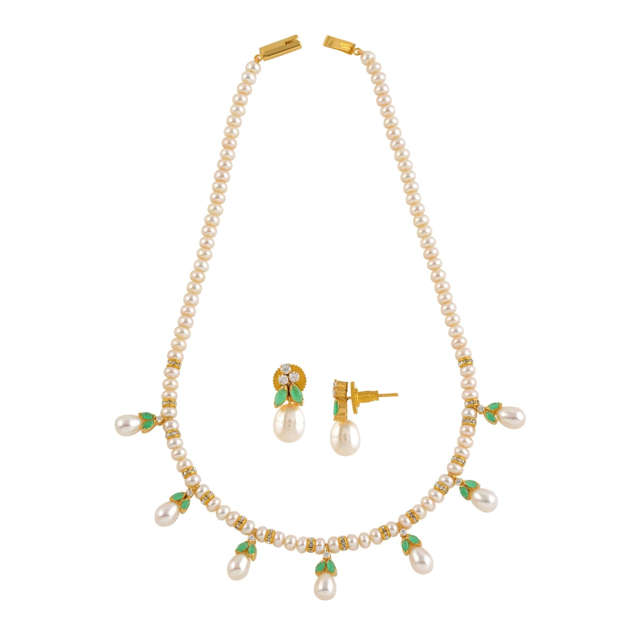 Exquisite CZ Green Stone Necklace Set with Matching Earstuds - Krishna Jewellers Pearls and Gems