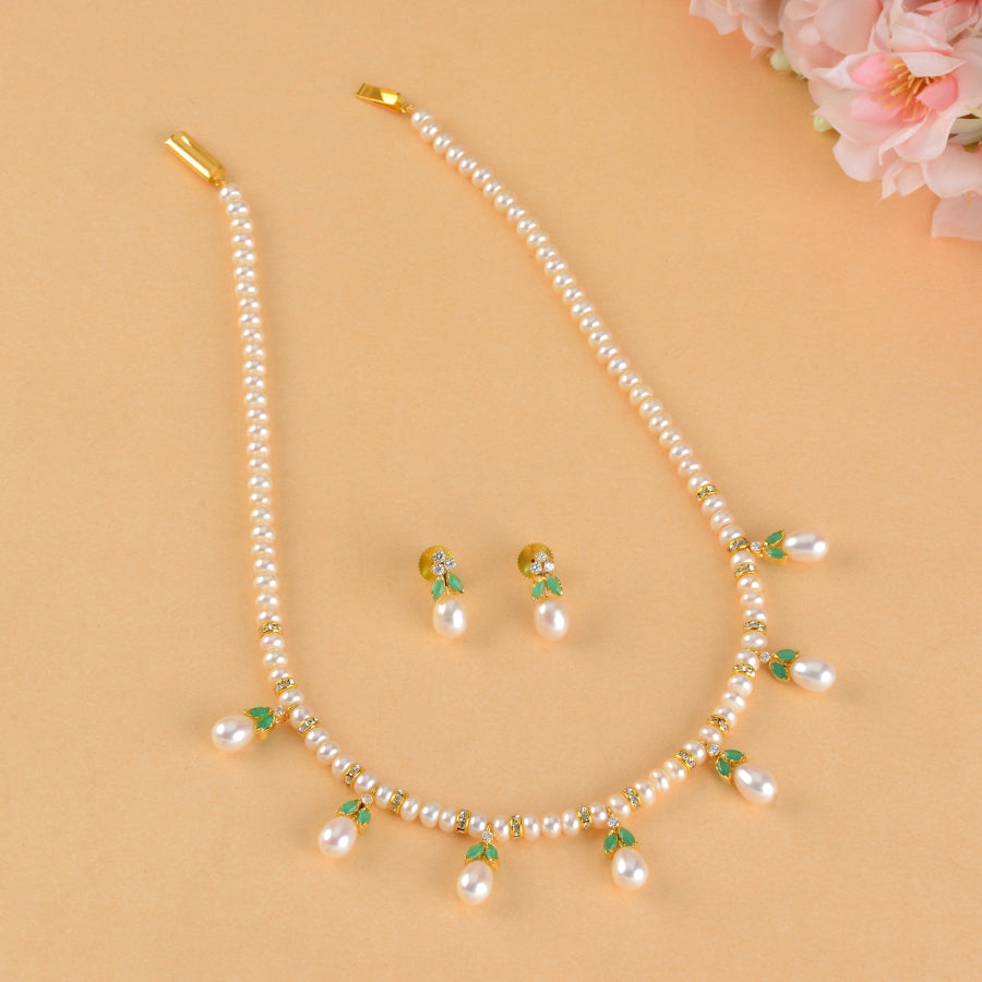 Exquisite CZ Green Stone Necklace Set with Matching Earstuds - Krishna Jewellers Pearls and Gems