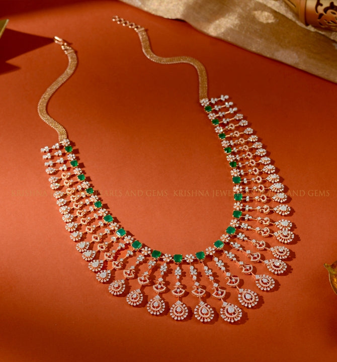 Long Diamond Necklace with Colour Stones in Flower and Leaf Design