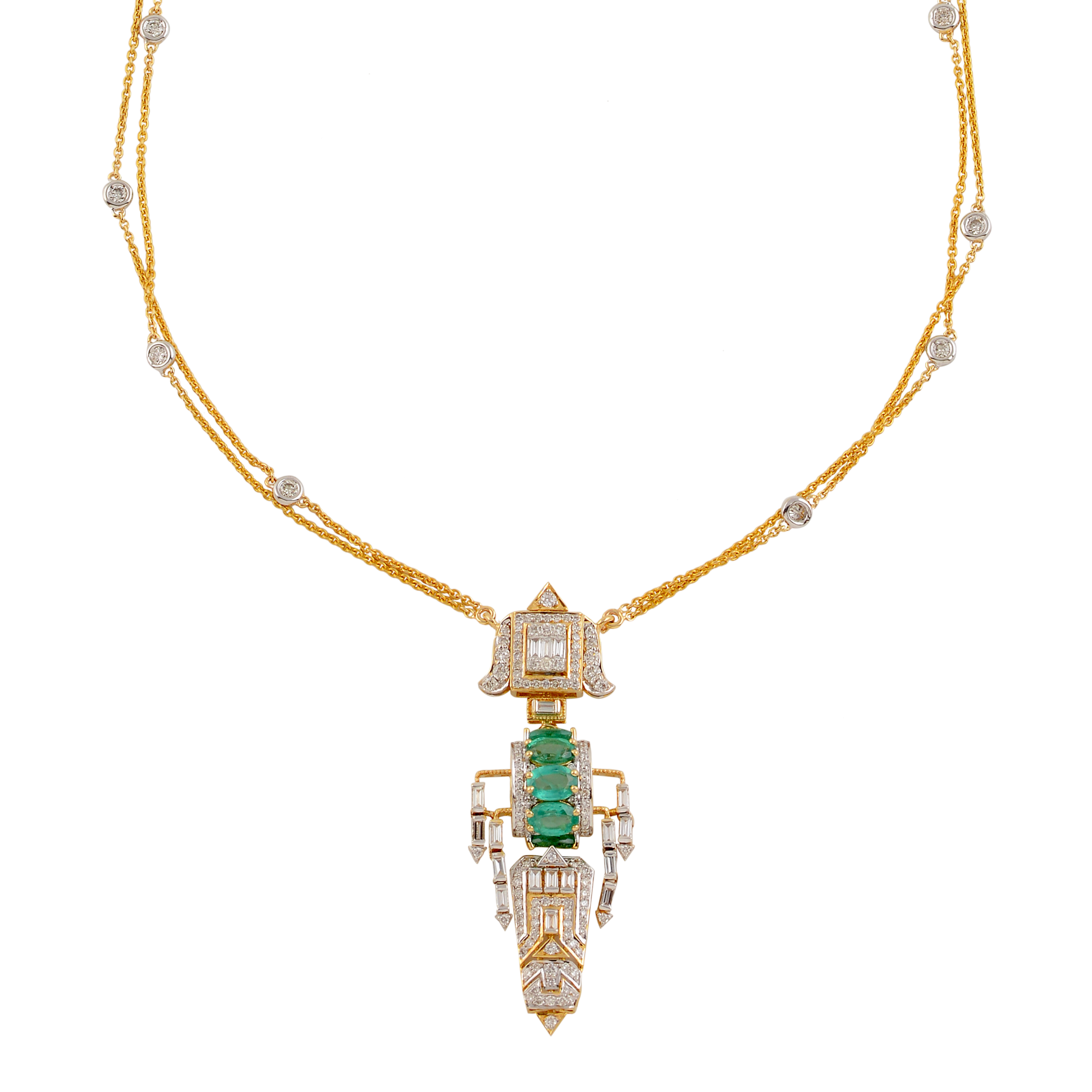 Geometric Diamond and Emerald Pendant with Gold Chain