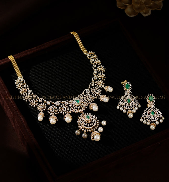 Diamond Necklace Set Featuring Colour Stones Rubies and Pearls