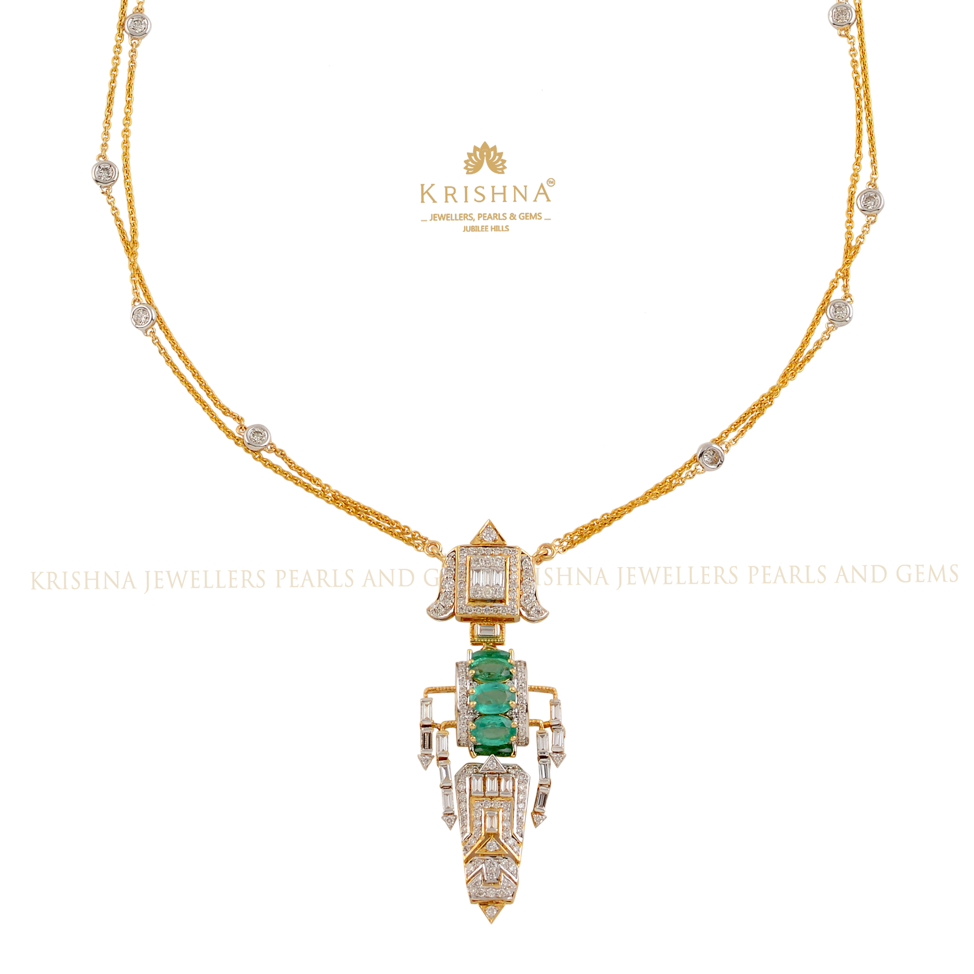 Geometric Diamond and Emerald Pendant with Gold Chain