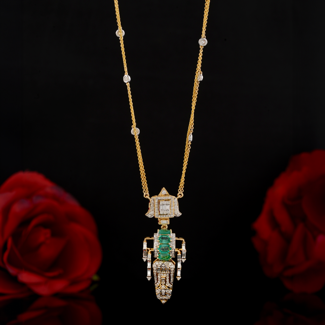 Geometric Diamond and Emerald Pendant with Gold Chain