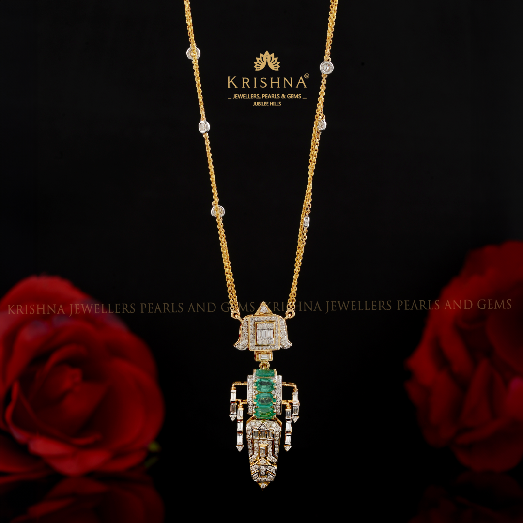 Geometric Diamond and Emerald Pendant with Gold Chain