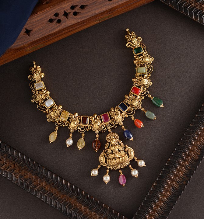Gold Navaratan Lakshmi Necklace
