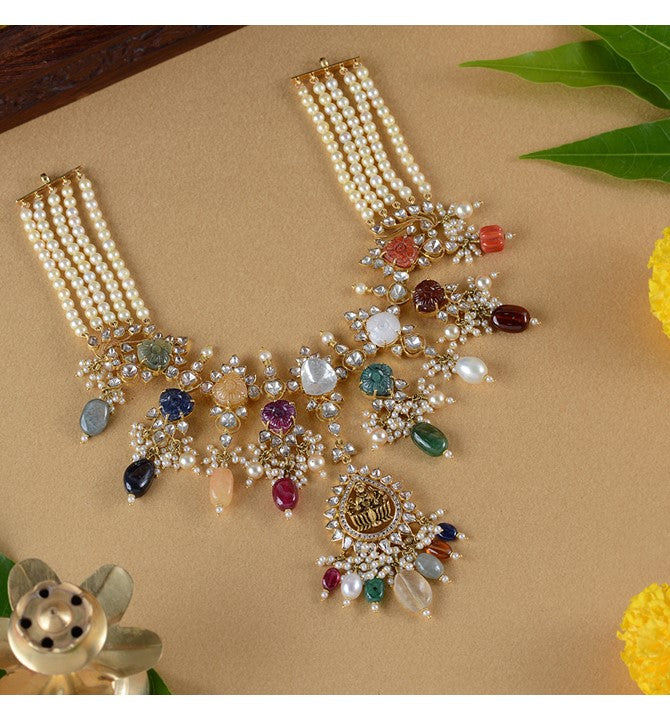 Polki Navratna Gold Pearl Haram