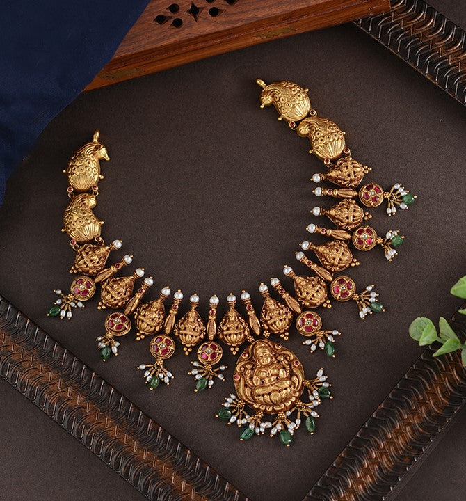 Gold Lakshmi Emerald Pearl Necklace