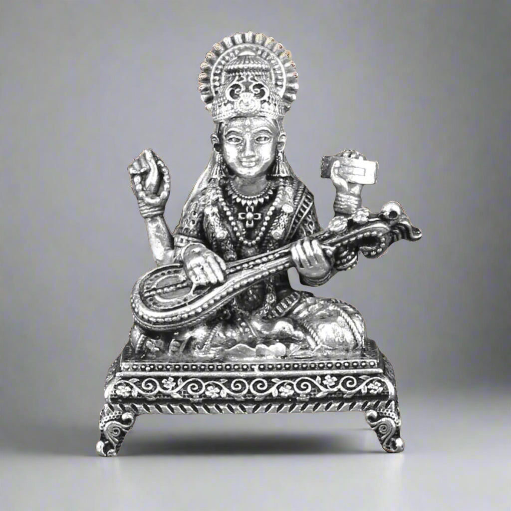 92.5 Sterling Silver Saraswati Idol with Veena - Handcrafted