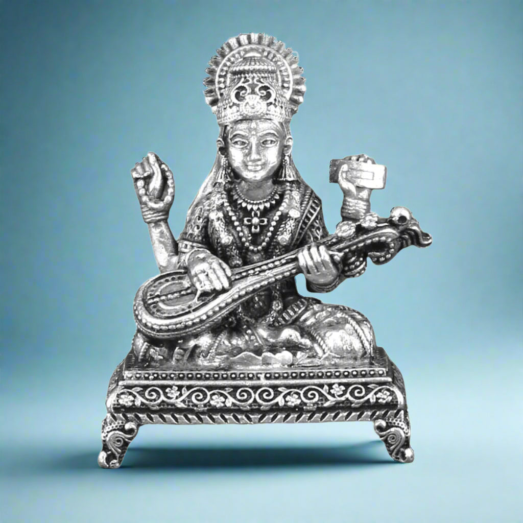 92.5 Sterling Silver Saraswati Idol with Veena - Handcrafted