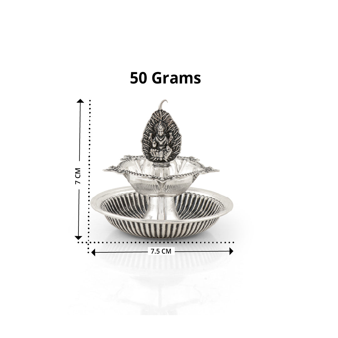 92.5 Pure Silver Antique Leaf & Lakshmi Motif Deepam - Single Piece