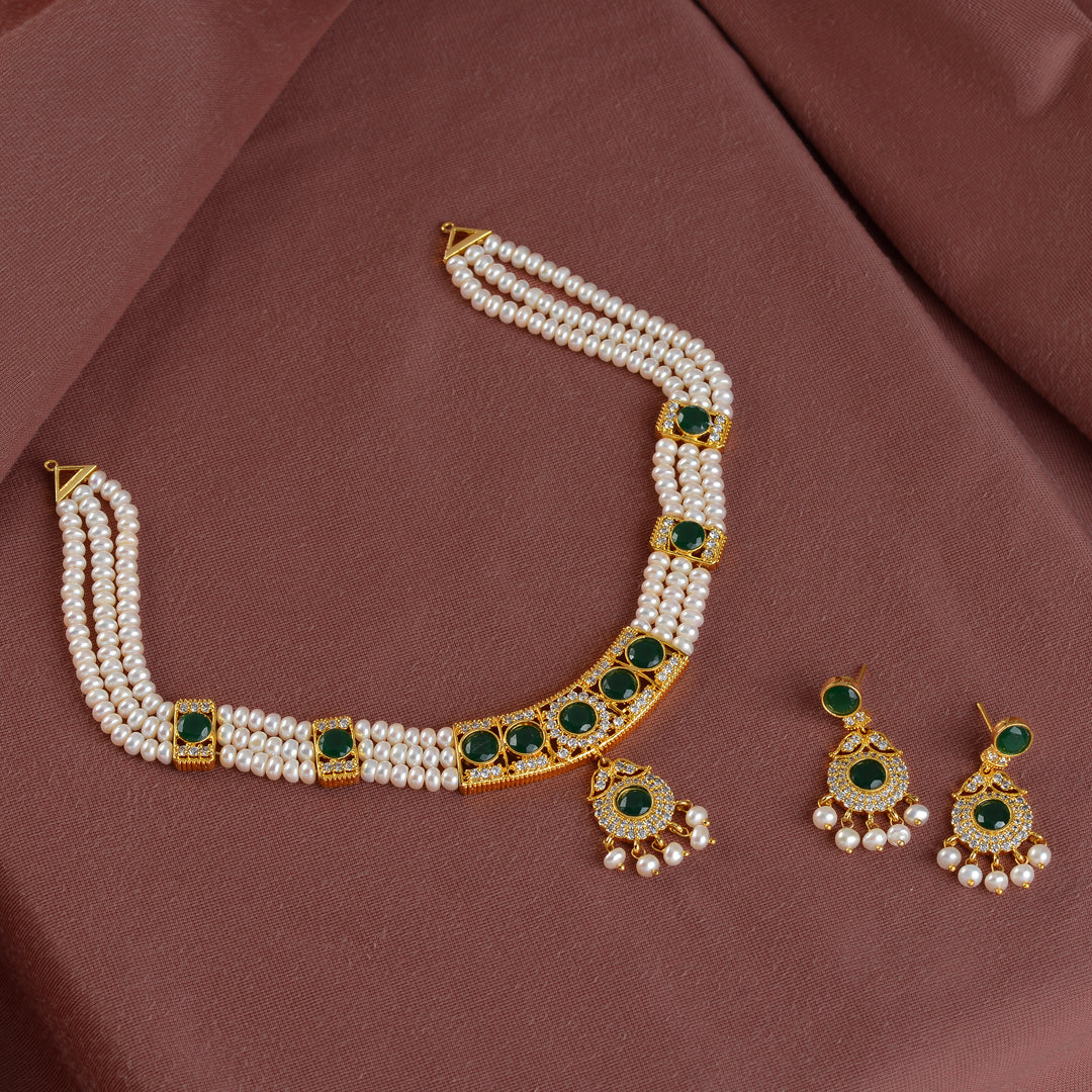 Elegant 3-Layered Pearl Necklace Set Adorned with Green Stones - Krishna Jewellers Pearls and Gems
