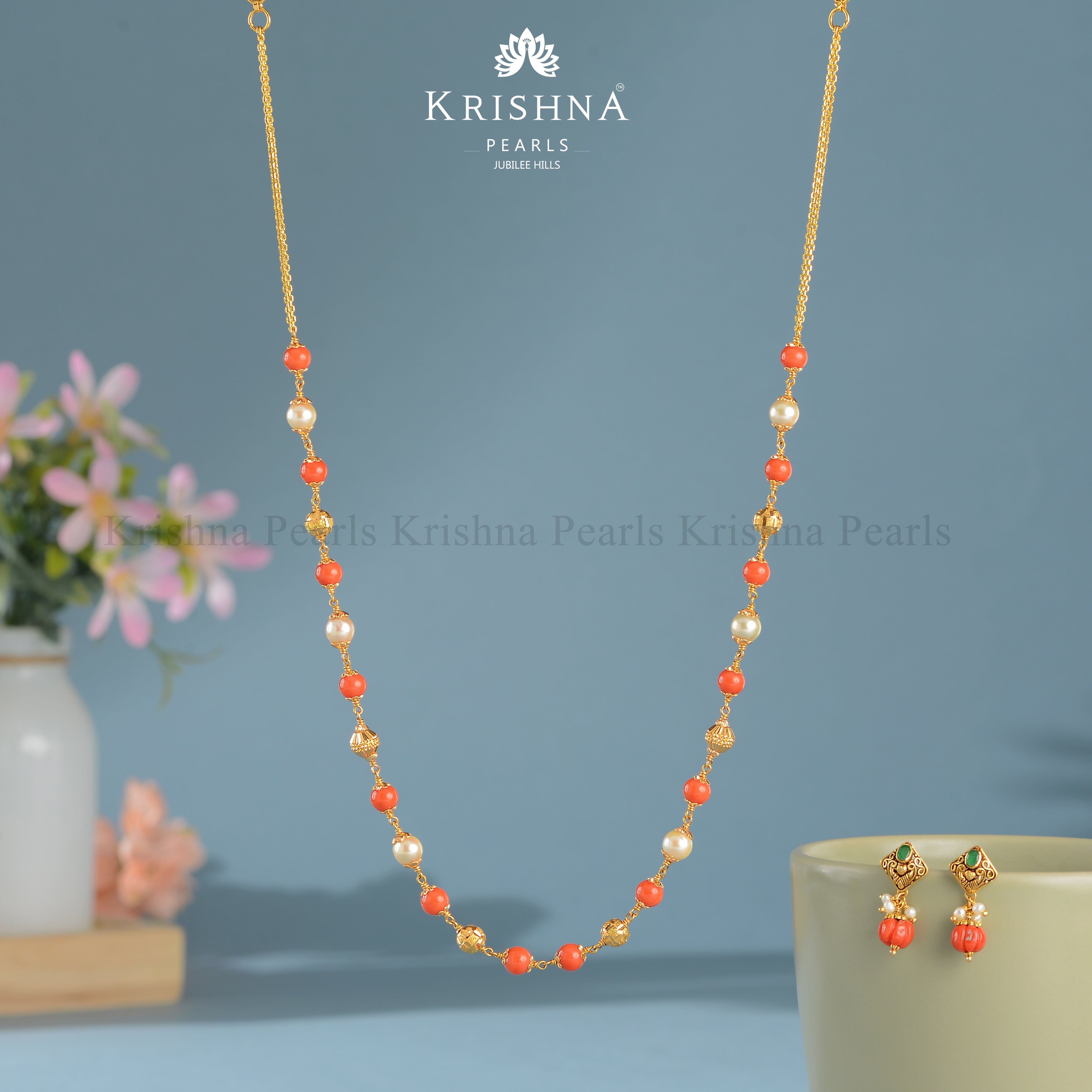 Gold 22K Coral Necklace and Matching Earrings Set - Krishna Jewellers Pearls and Gems