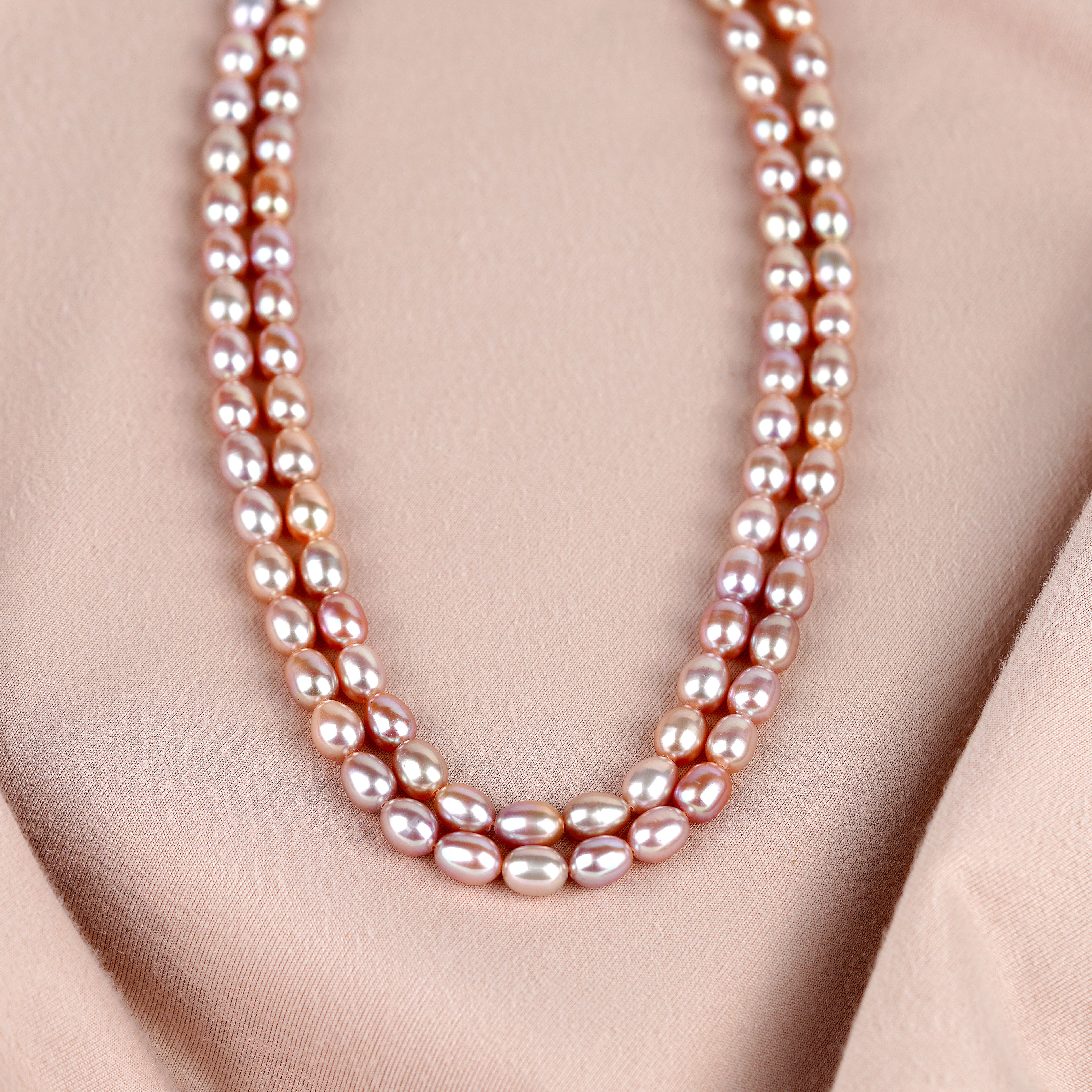 Trendy Peach Color Pearl Necklace with Double Strips - Krishna Jewellers Pearls and Gems
