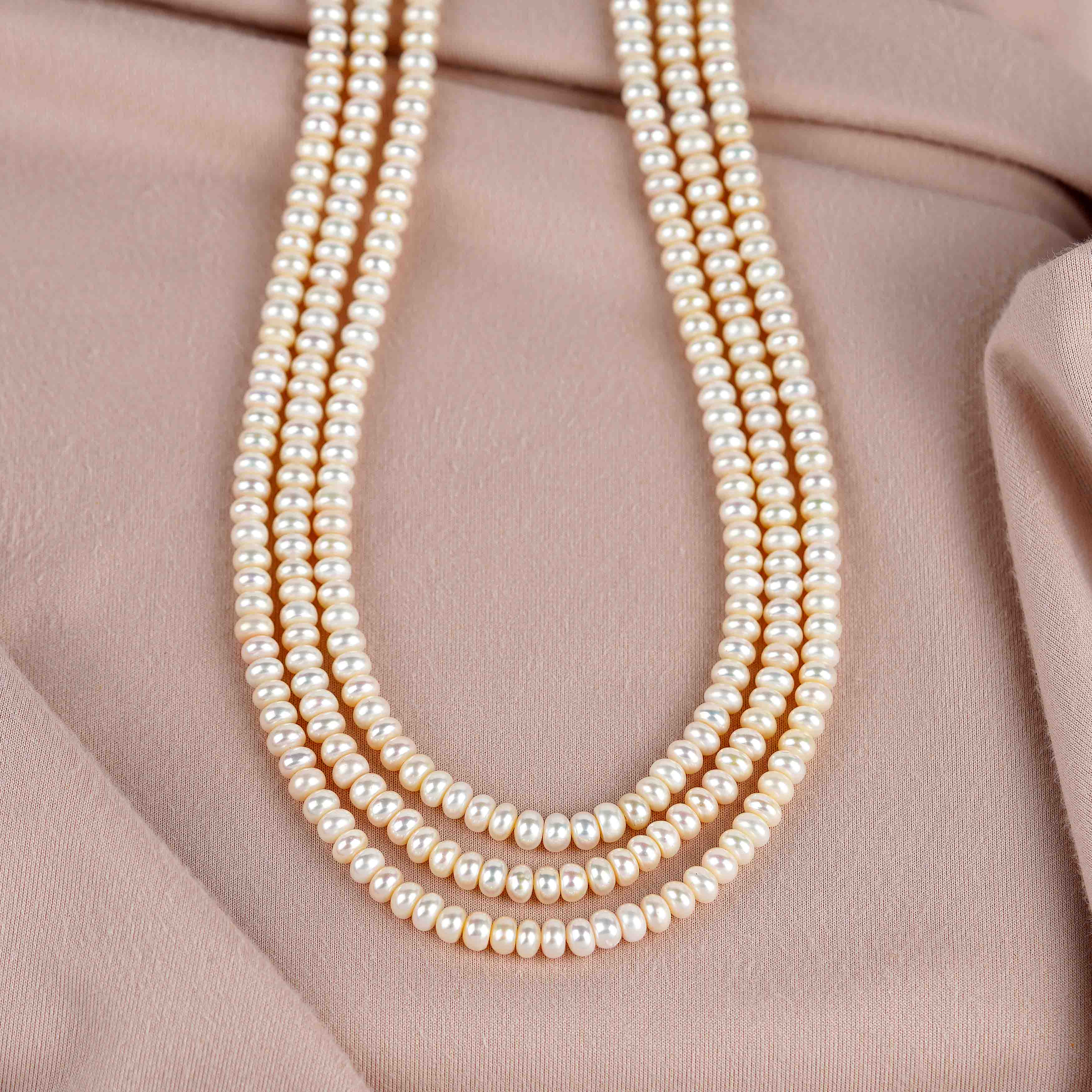 Triple Line of Natural Whitish Button Pearl Necklace - Krishna Jewellers Pearls and Gems