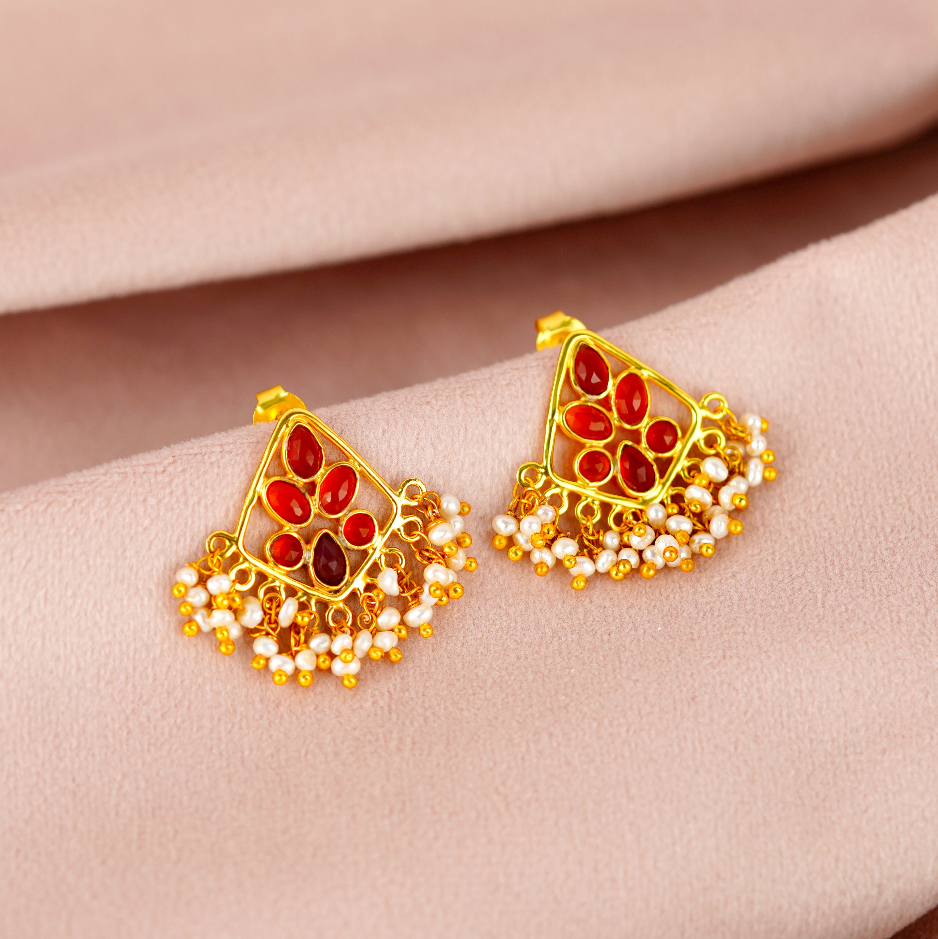 Pearl Blossom Earrings paired with colored stones - Krishna Jewellers Pearls and Gems