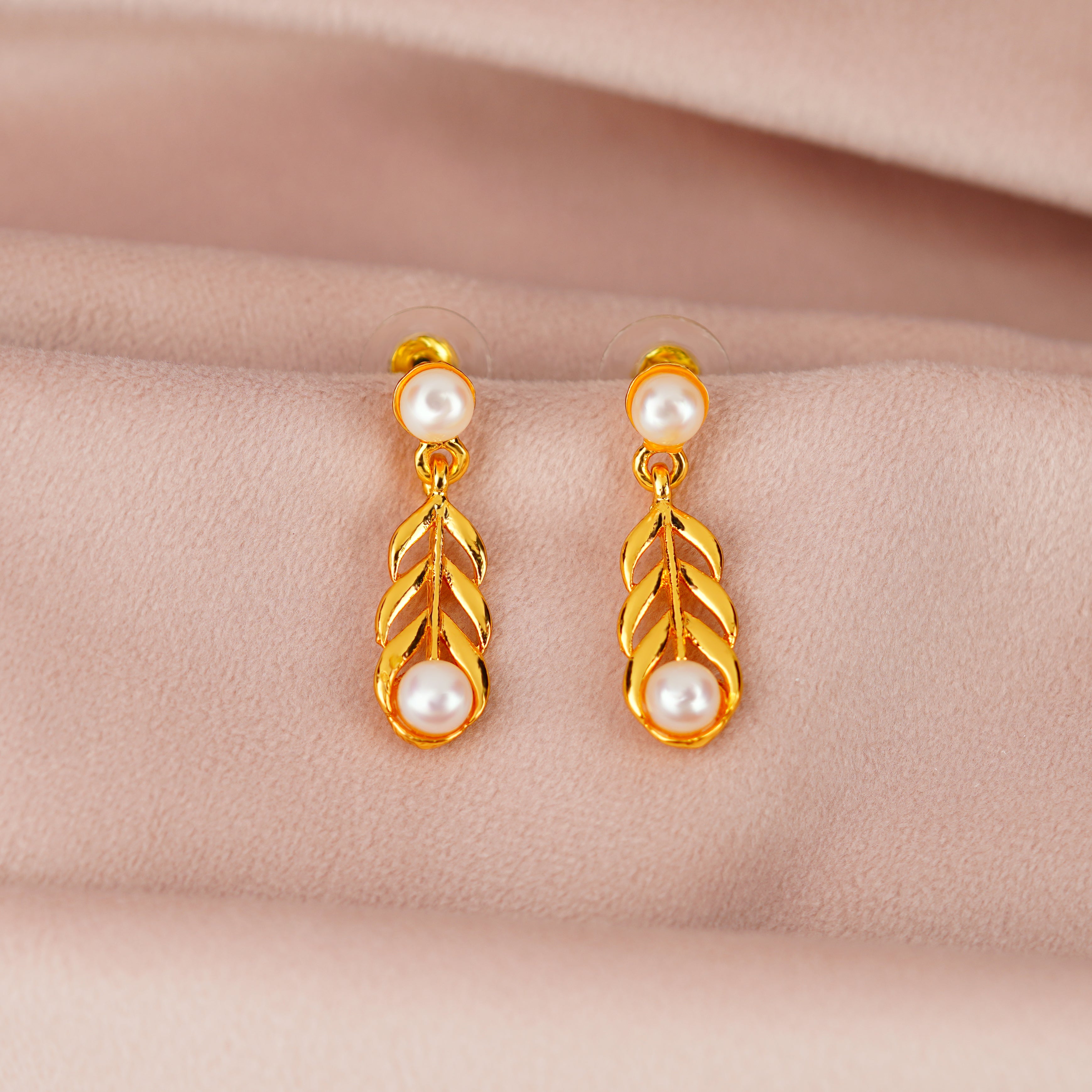 Dainty Leaf Motif  Pearl Drop Earrings - Krishna Jewellers Pearls and Gems