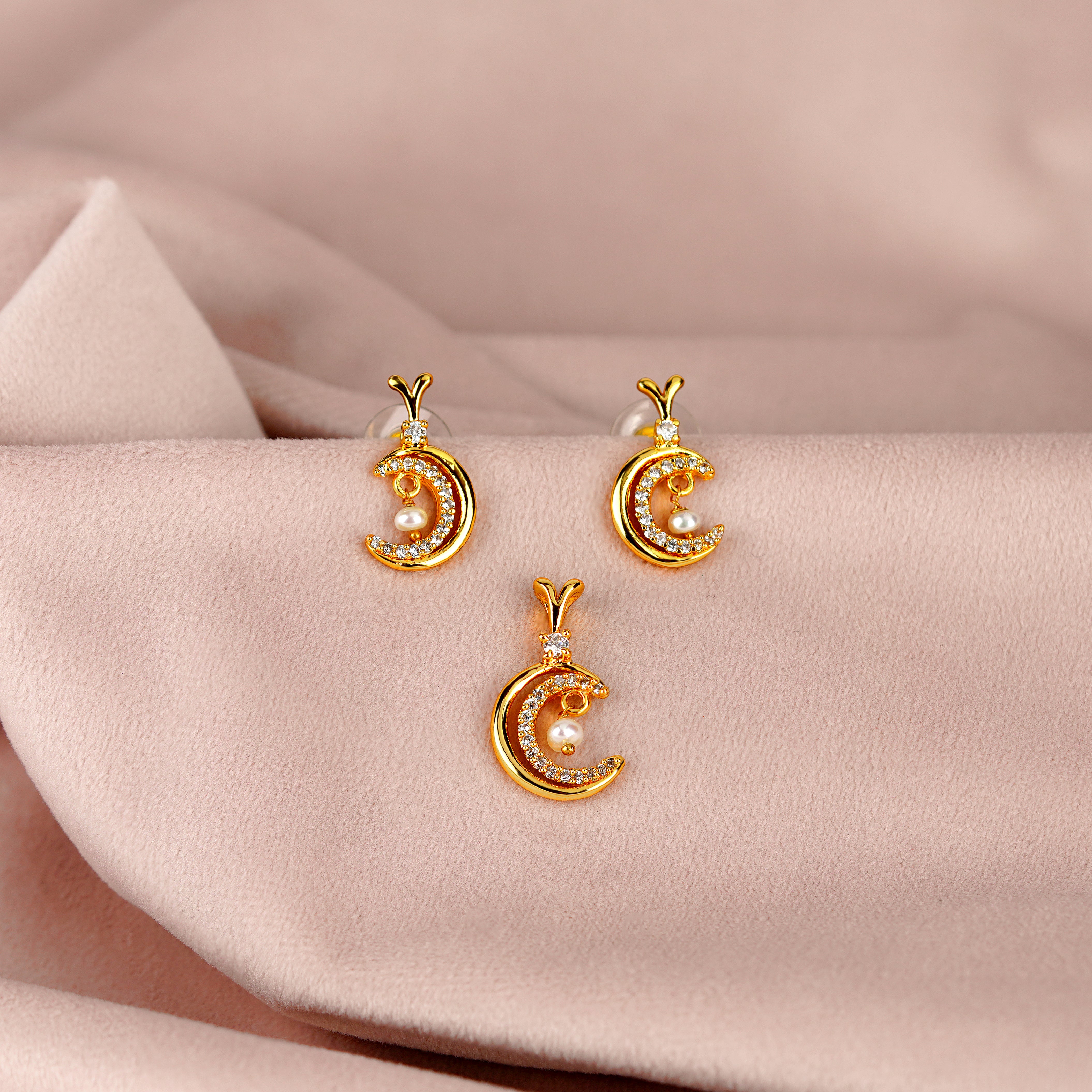 Crescent Pearl Drop Stud Earrings and Pendant